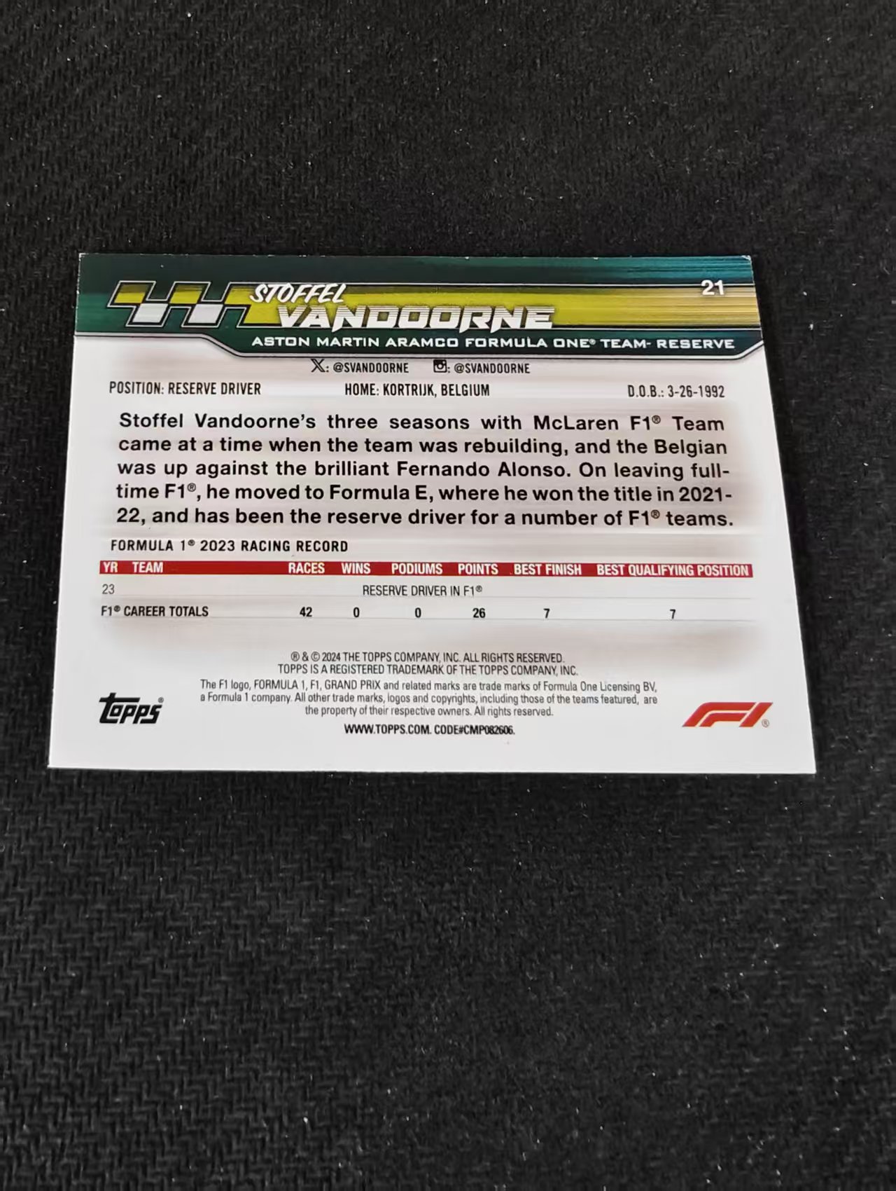 2024 Topps Paddock Pass F1 Stoffel Vandoorne 斯托菲尔 范多恩 围场通行证 划痕 边角瑕疵 @21