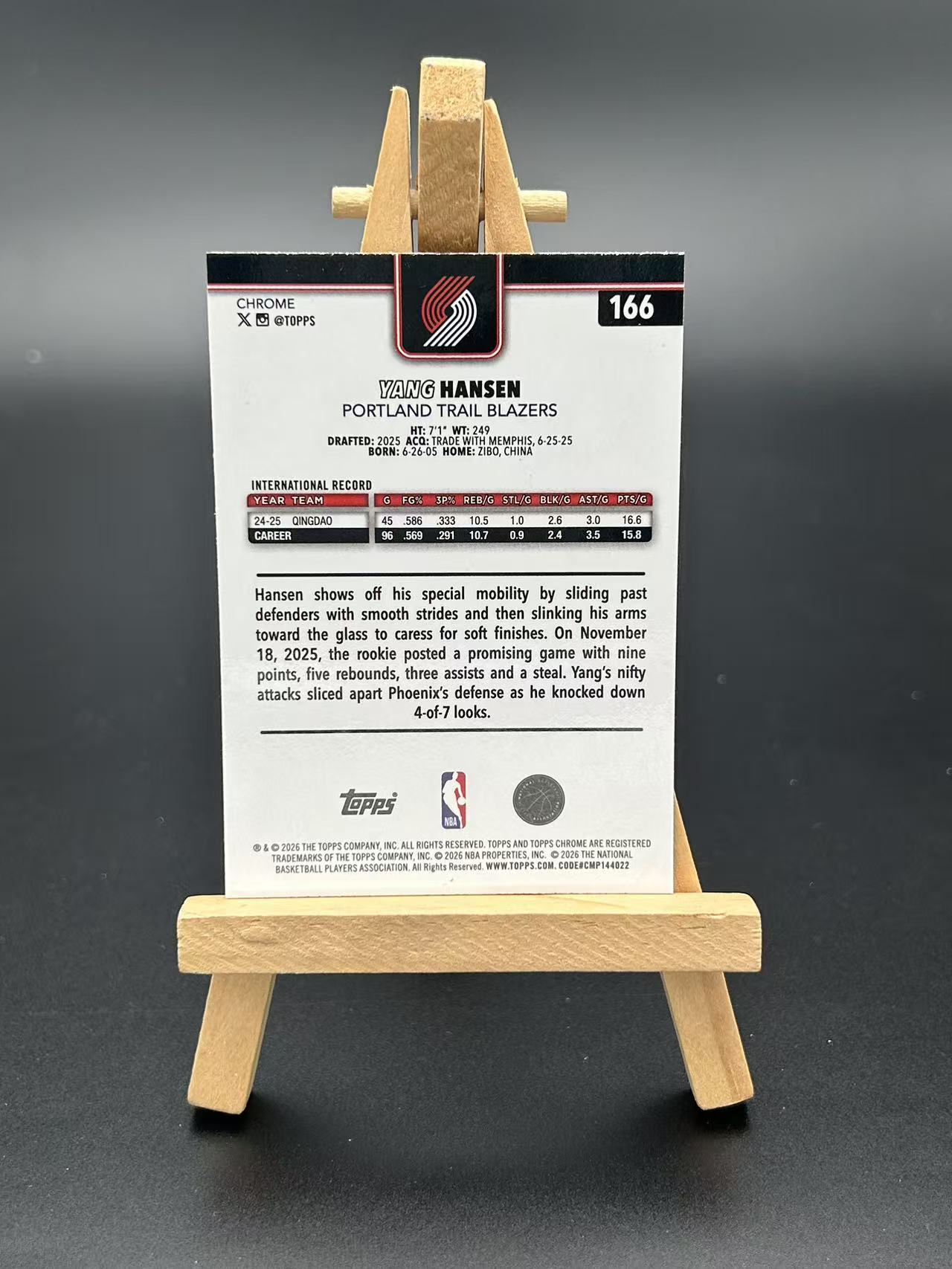 2026 Topps Chrome Yang Hansen RC 2025-26 Topps Chrome【闪拍代拍】杨瀚森 RC 新秀卡 棋盘折 无编【A01】
