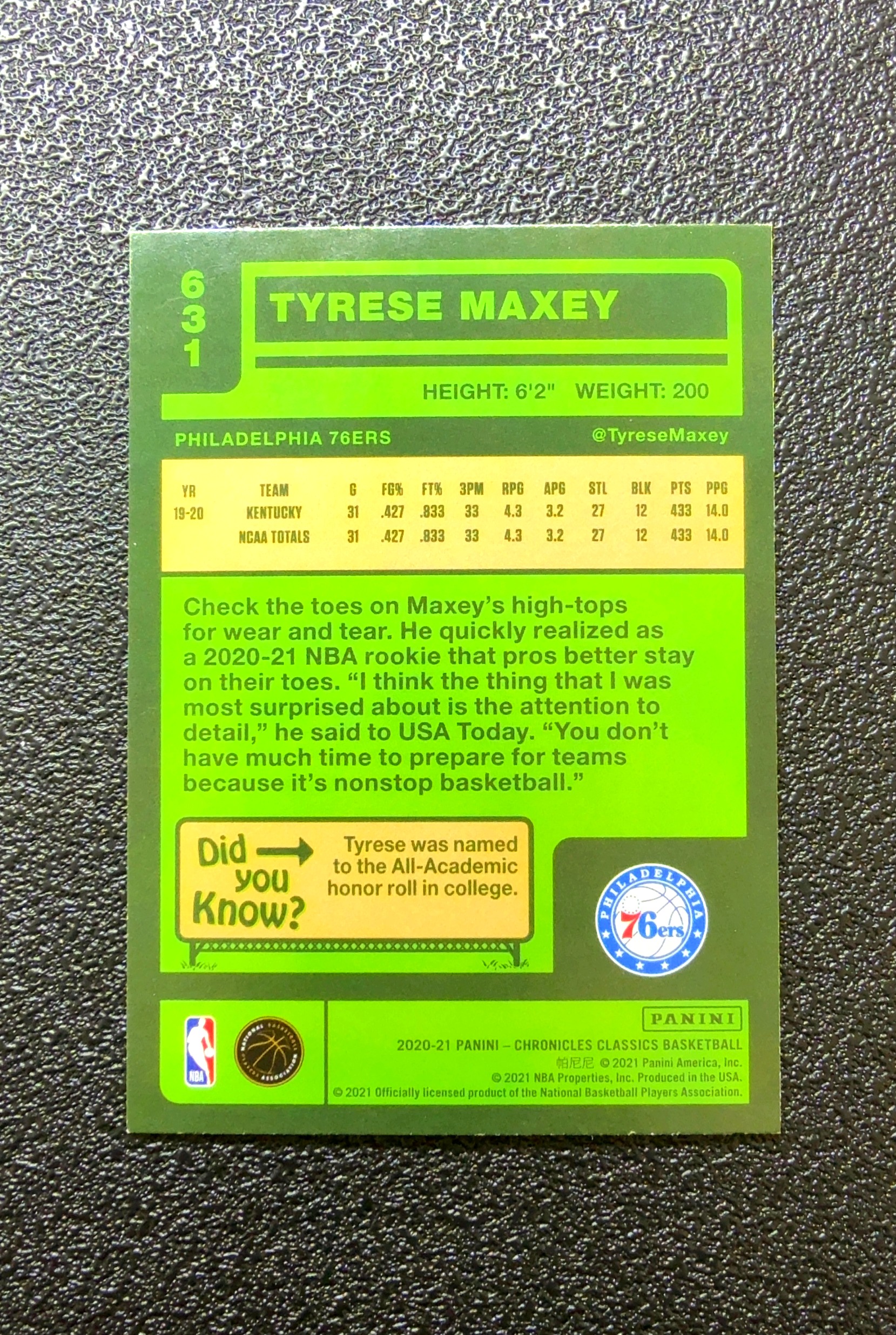 【小白1%代卖】2021 Panini Chronicles Classics Classics 经典 Tyrese Maxey 泰瑞斯·马克西 新秀 RC 卡品如图 高价值 0020#186