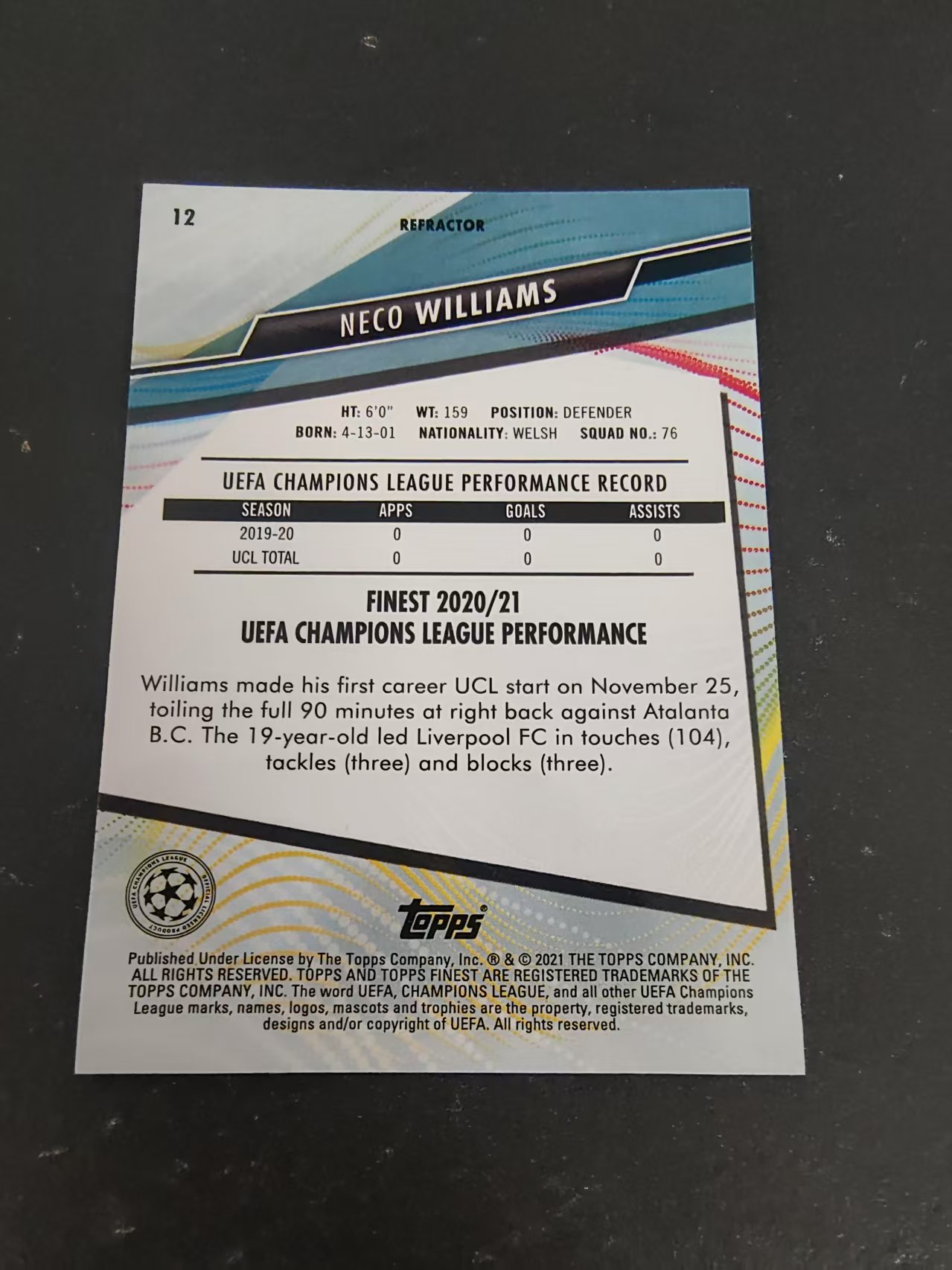 【可合并,不累计】2021 Topps Finest Neco Williams 欧冠 内科 威廉姆斯 银折 RC 新秀 #12
