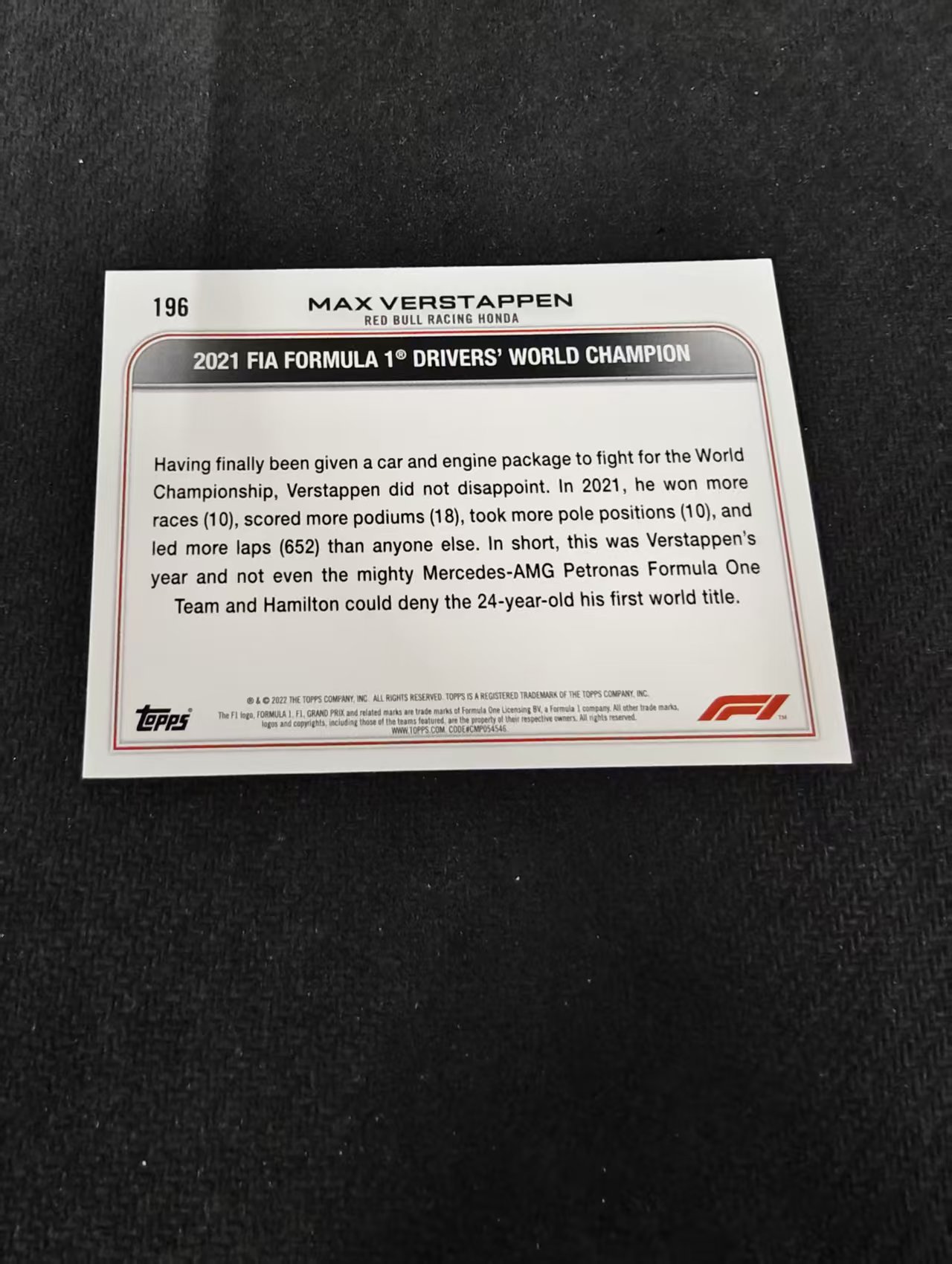 2022 Topps Chrome F1 Max Verstappen 维斯塔潘 红牛 划痕 边角瑕疵 @196