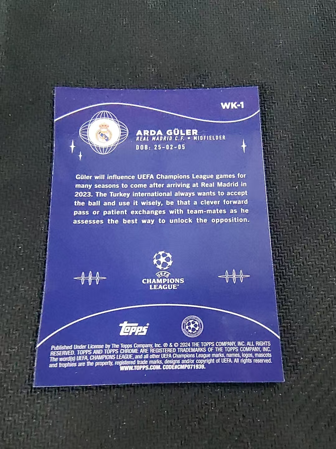 【可合并,不累计】2024 Topps Chrome arda guler 阿尔达 居莱尔 皇马 欧冠 神奇小妖特卡 银折 划痕 边角瑕疵 #1