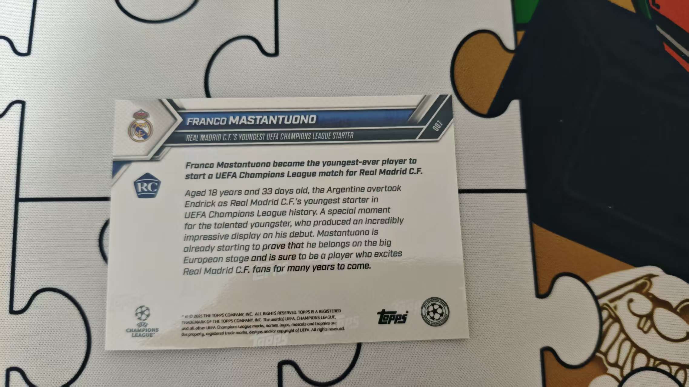 2025 Topps Topps Now Franco Mastantuono 【六六拍卖】弗兰科 马斯坦托诺 新秀 RC rookie 阿根廷 皇家马德里 皇马欧冠出场最年轻球员记录 未来可期