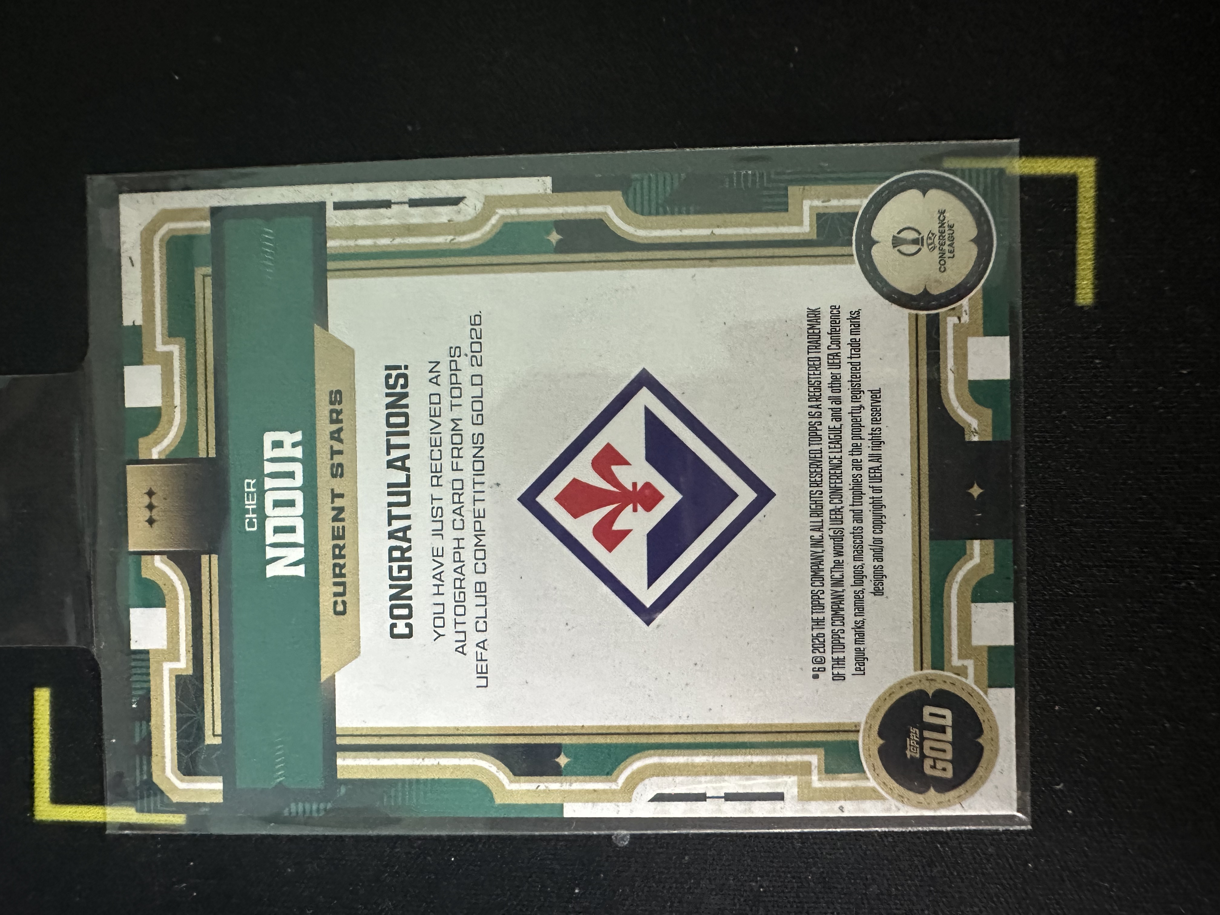 2026 Topps UEFA Club Competitions Cher Ndour 【风】英超系列 谢尔.恩杜尔 意甲佛罗伦萨 金折签字 72/75编
