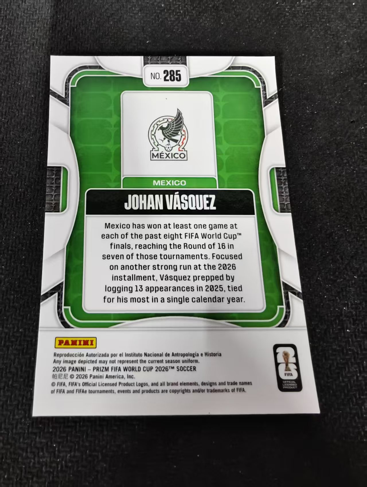 2026 Panini World Cup Prizm 墨西哥 Johan Vásquez 约翰・巴斯克斯 PZ世界杯 划痕 边角瑕疵#285