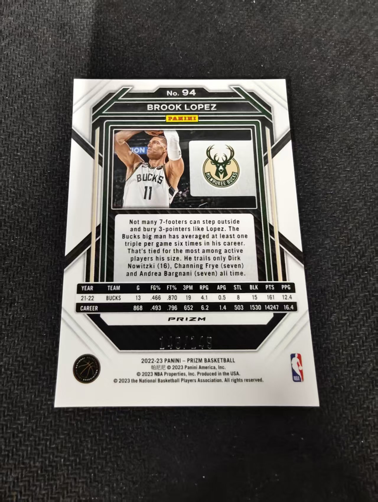 2022-23 Panini Prizm Brook Lopez 布鲁克 洛佩斯 雄鹿 紫碎冰 149编 划痕 边角瑕疵