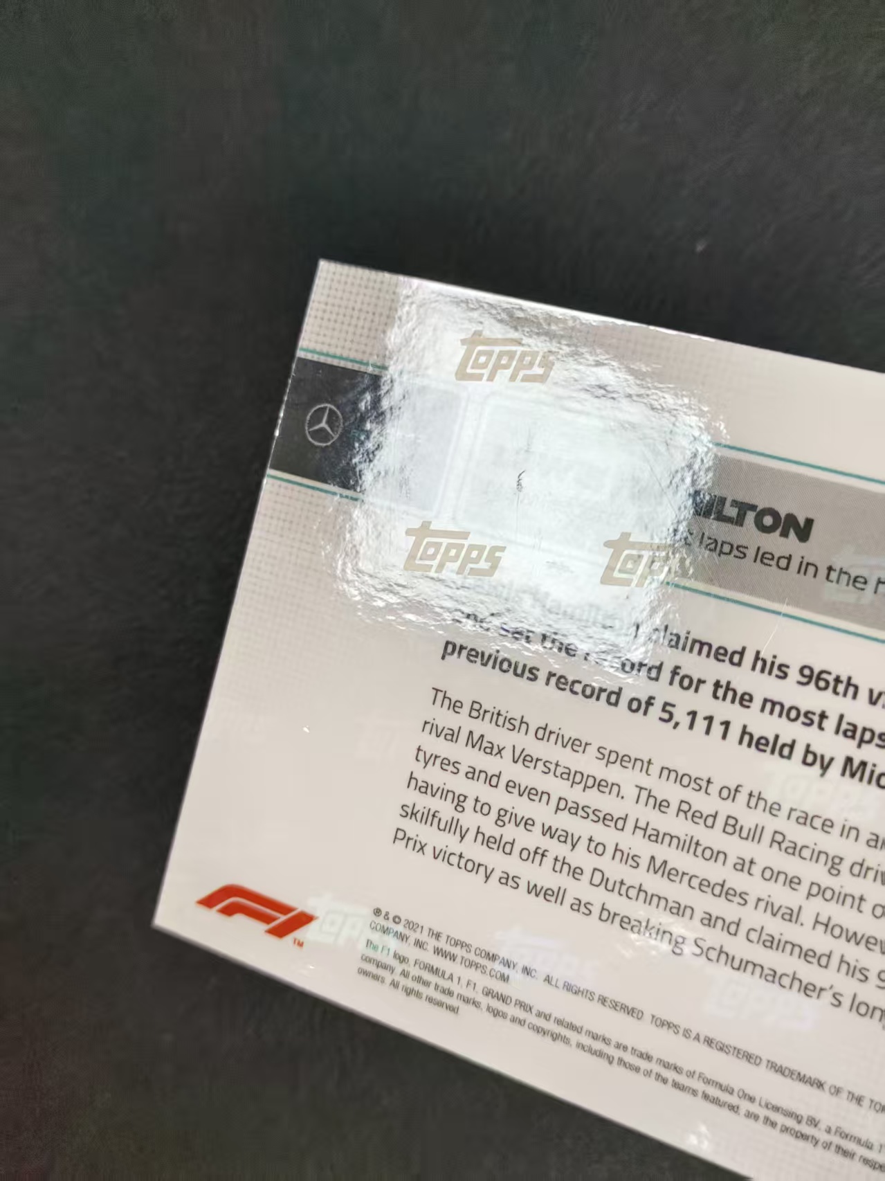 2021 Topps Now Lewis Hamilton F1 汉密尔顿 梅奔 新纪录:F1历史上最多圈数领先 收藏必备 卡品如图 CH