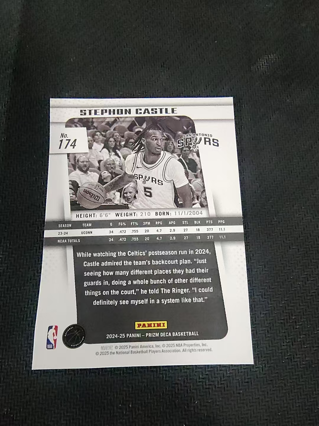 【可合并,不累计】2024-25 Panini Prizm Deca Stephon Castle 复刻PZ 新秀RC 斯蒂芬 卡斯尔 马刺 划痕 边角瑕疵 #174