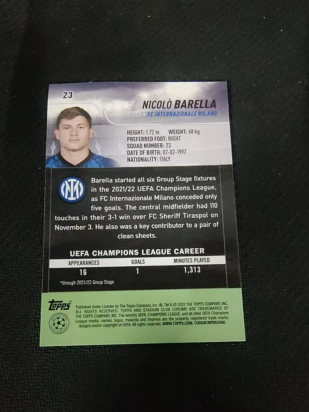 【可合并,不累计】2022 Topps Stadium Club Chrome Nicolò Barella 国际米兰 巴雷拉 竞技场 欧冠 划痕 边角瑕疵 #23