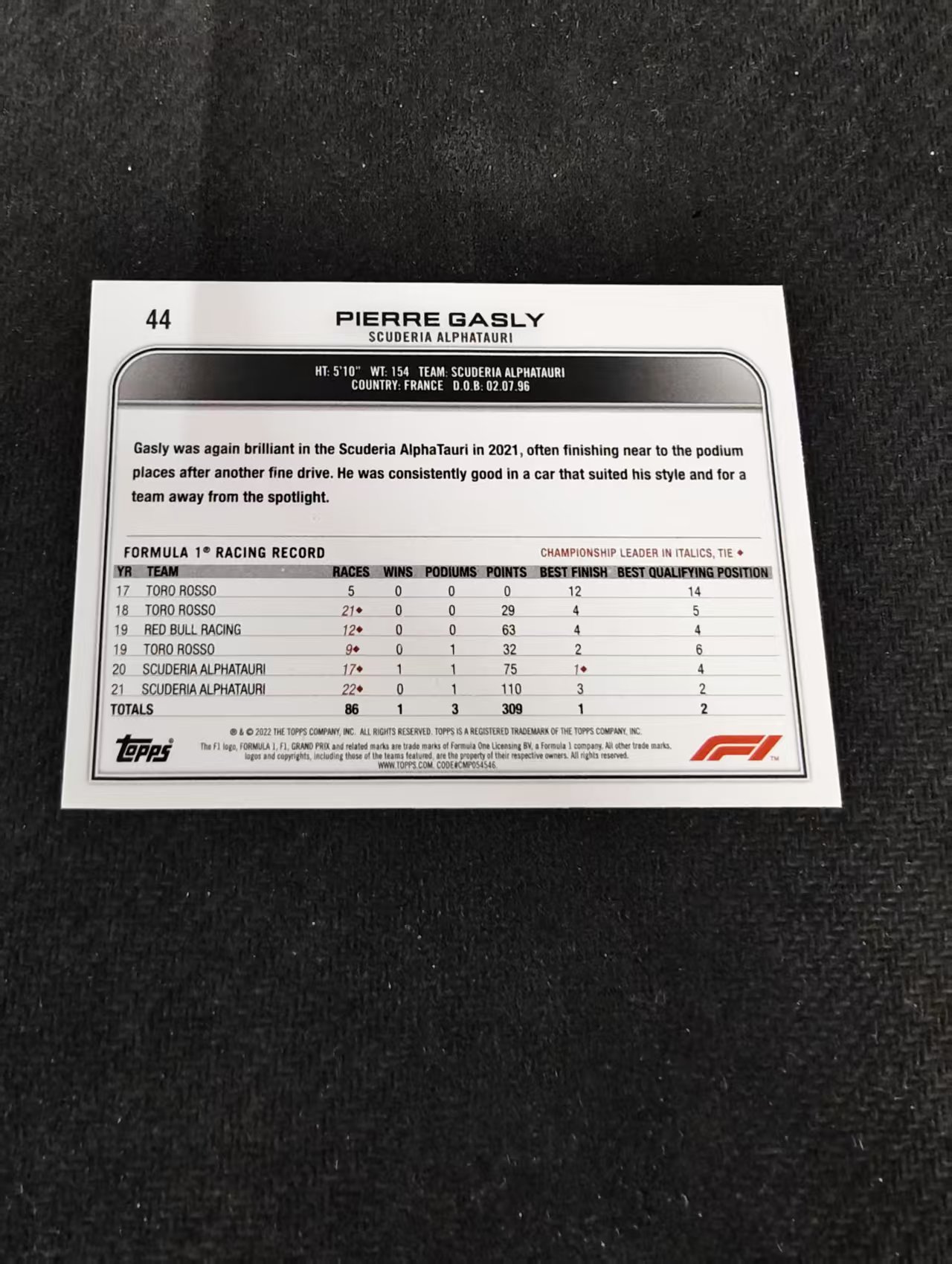 2022 Topps Chrome F1 Pierre Gasly 皮埃尔 加斯利 小红牛 划痕 边角瑕疵 @44