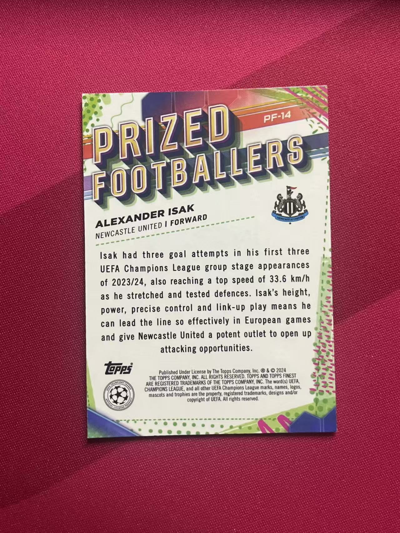 2024 Topps Finest Alexander Isak #PF-14 纽卡斯尔联 典范球员 伊萨克 欧冠 银折 A3
