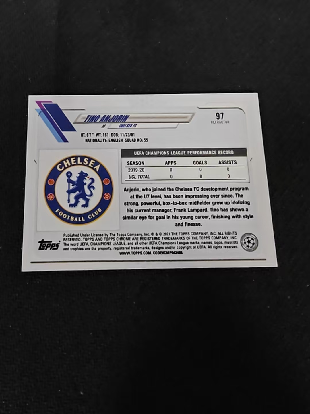 【可合并,不累计】 2021 Topps Chrome Tino Anjorin 安乔林 切尔西 新秀RC 欧冠 银折 划痕 边角瑕疵 #97