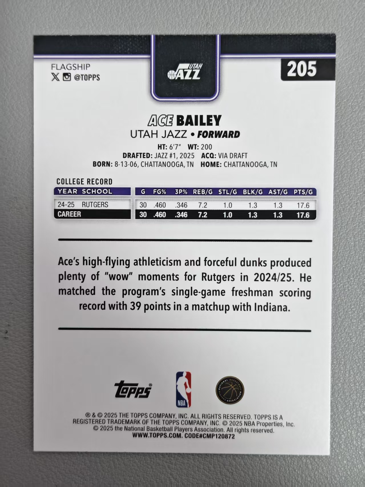 【阿泽代卖】2025 Topps Ace Bailey 爵士 新秀 RC 艾斯 贝利 正base 选图巨帅 卡品如图 介意勿拍-硕哥
