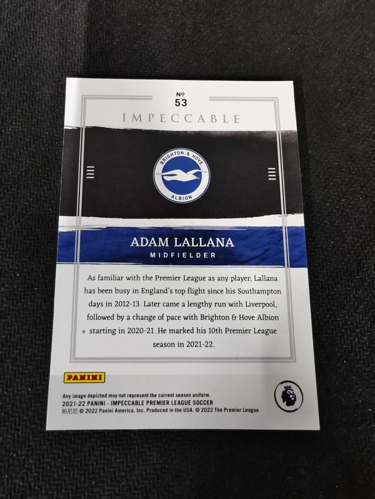 2021-22 Panini Impeccable Adam Lallana 英超小真金 布莱顿 拉拉纳 55编 瑕疵如图