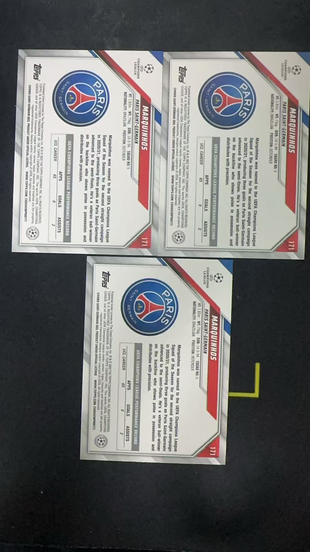 2022 Topps UEFA Champions League Maequinhos 欧冠 lot 马尔基尼奥斯 巴黎圣日耳曼 碧玉 3张卡