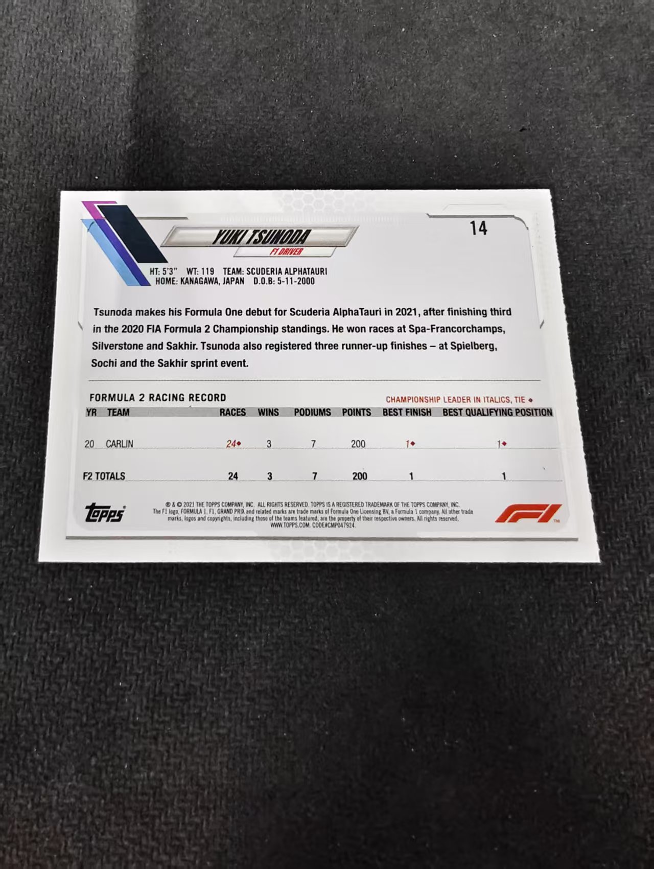 2021 Topps Chrome Yuki Tsunoda RC F1 方程式赛车 红牛二队 角田裕毅 新秀 划痕 边角瑕疵 @14