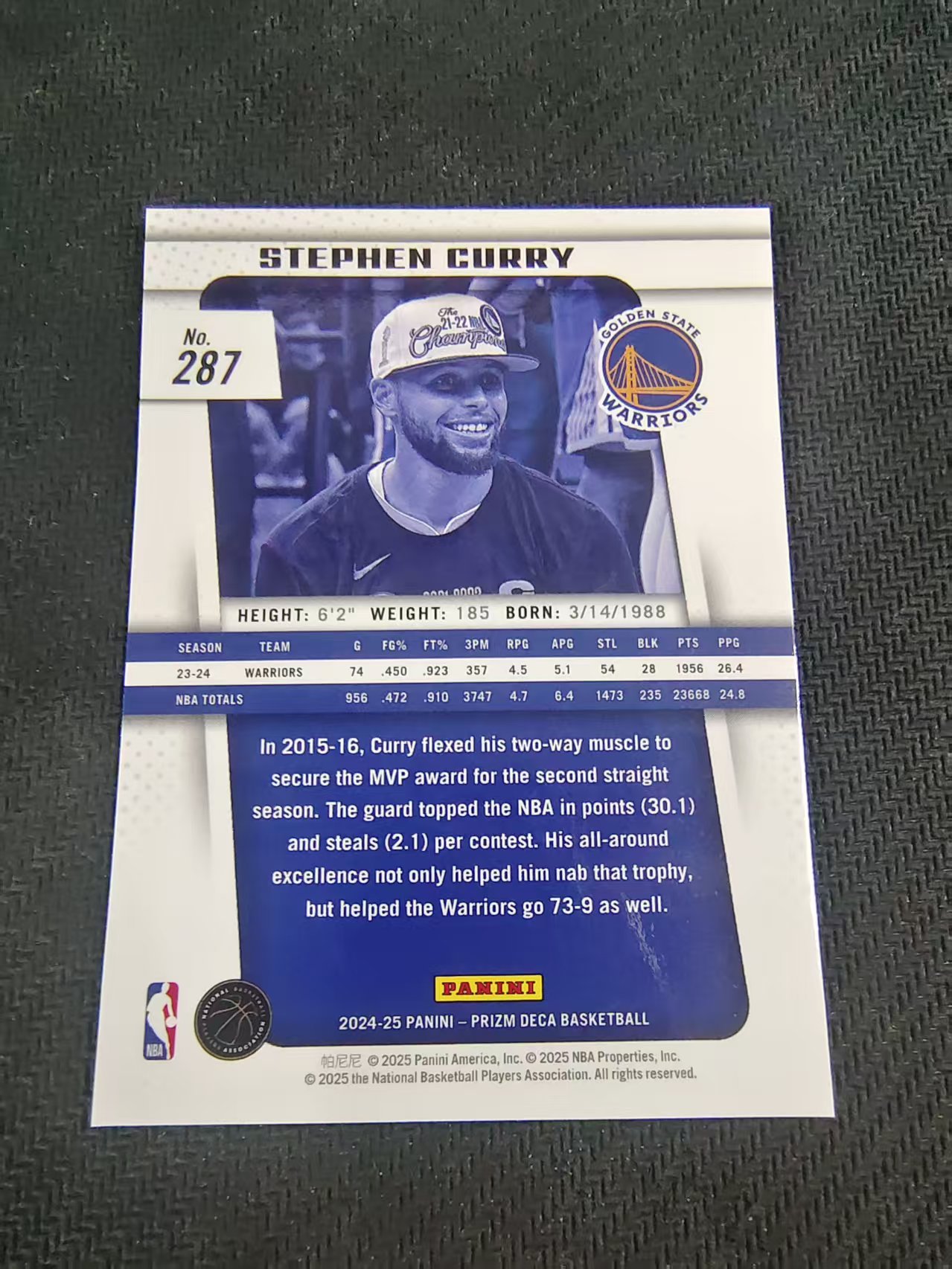【可合并,不累计】2024-25 Panini Prizm Deca Stephen Curry 复刻PZ 斯蒂芬 库里 小学生 萌神 MVP 捧杯 划痕 边角瑕疵 #287