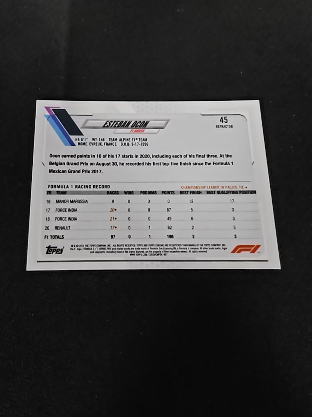 2021 Topps Chrome F1 Esteban Ocon 埃斯塔班 奥康 银折 划痕 边角瑕疵 #45