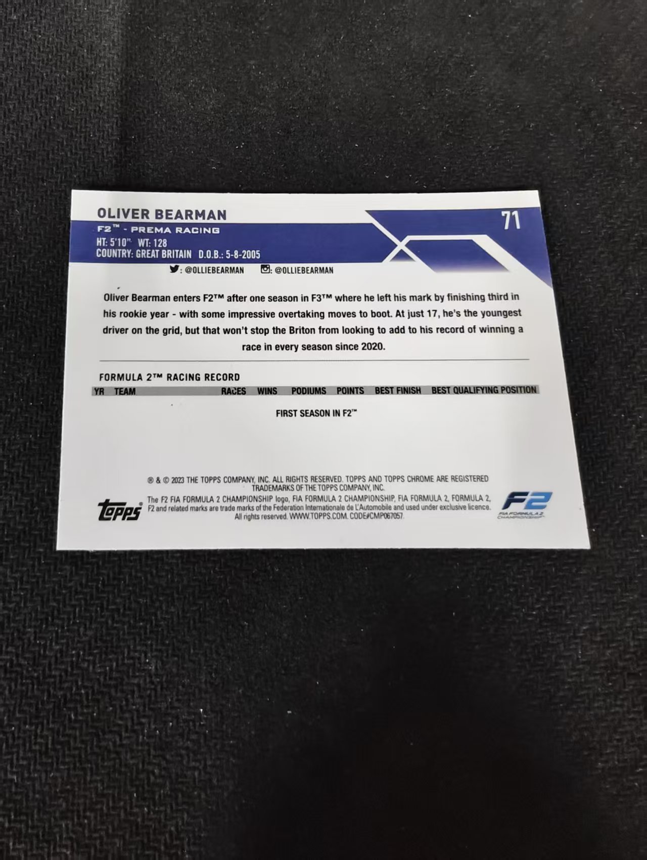 2023 Topps Chrome Oliver Bearman 奥利弗 贝尔曼 比尔曼 F2 F1 划痕 边角瑕疵 #71