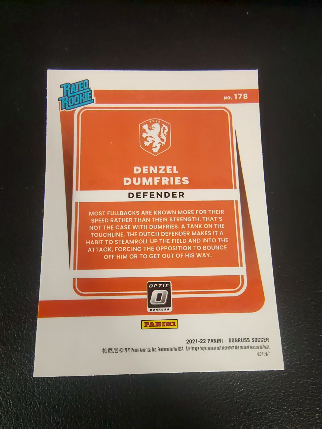 【可合并,不累计】2021-22 Panini Donruss Denzel Dumfries 邓弗里斯 新秀RC 荷兰 杜蕾斯 世界杯 划痕 边角瑕疵 #178