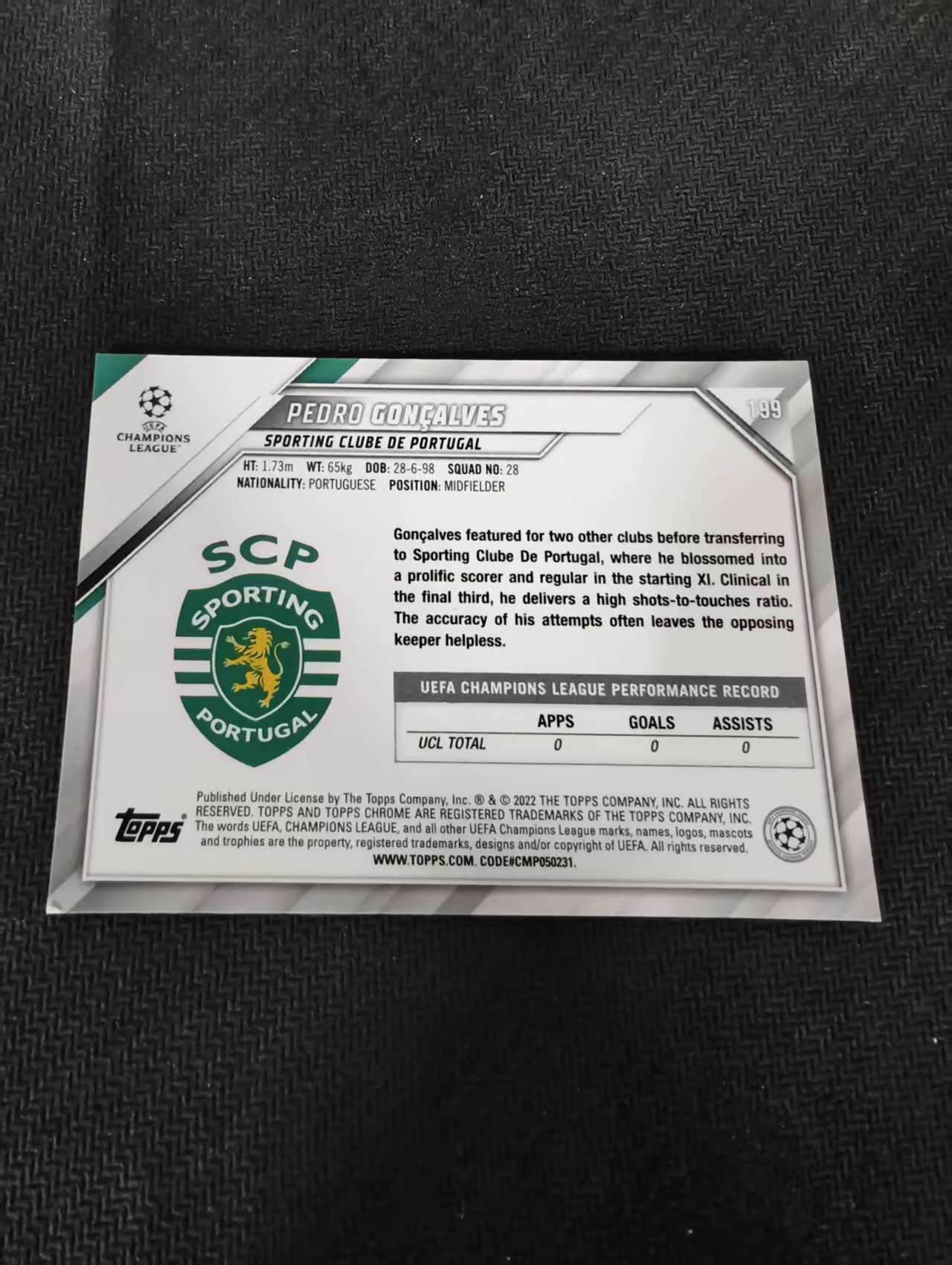 【可合并,不累计】2022 Topps Chrome pedro goncalves RC 佩德罗 贡萨尔维斯 新秀 葡萄牙体育 欧冠 划痕 边角瑕疵 #199