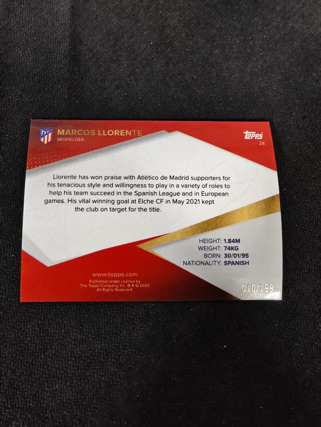 【可合并,不累计】2022 Topps Topps Marcos Llorente 马德里竞技 马竞队盒 略伦特 城市地标特卡 银折 199编 划痕 边角瑕疵