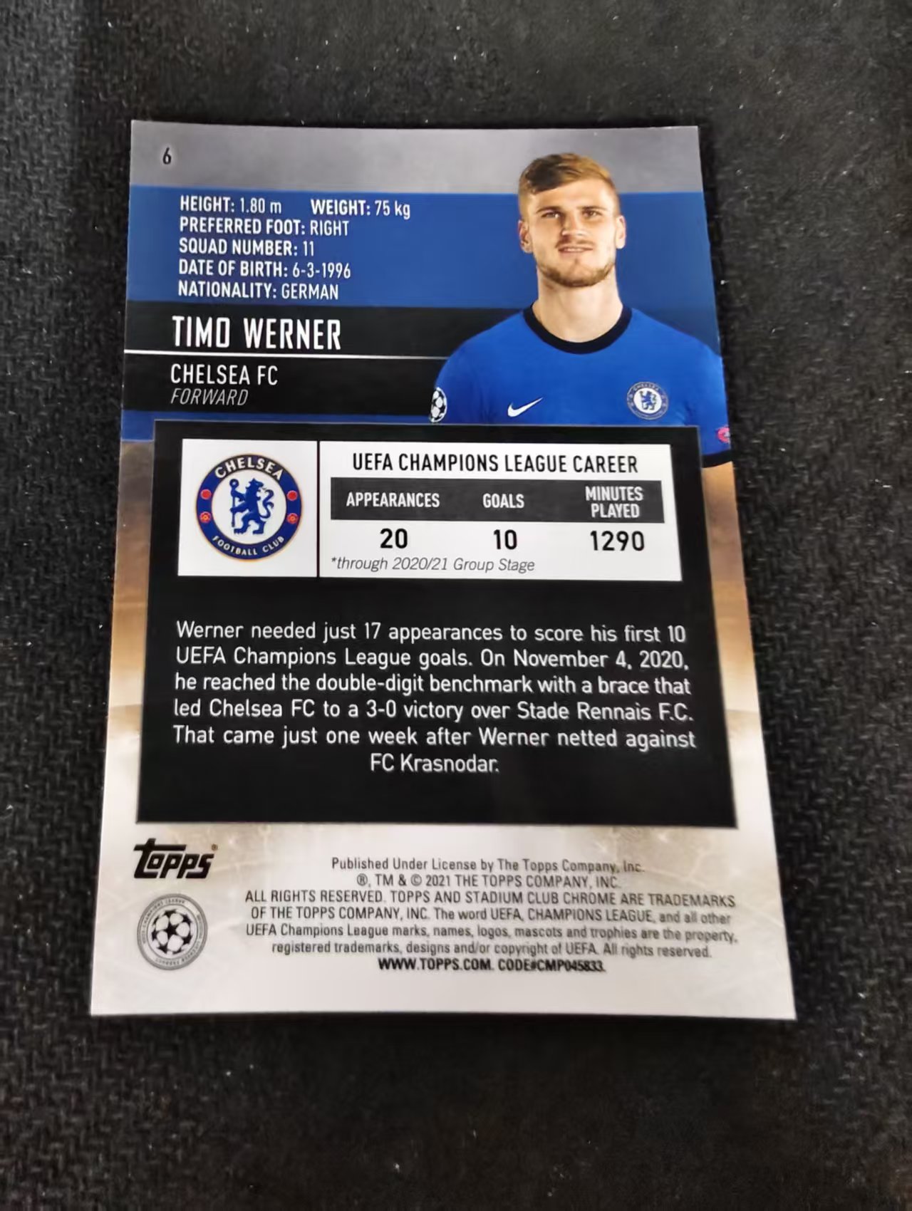 【可合并,不累计】2021 Topps Stadium Club Chrome Timo Werner 切尔西 蒂莫 维尔纳 欧冠 竞技场 不保卡品 介意勿拍 #6