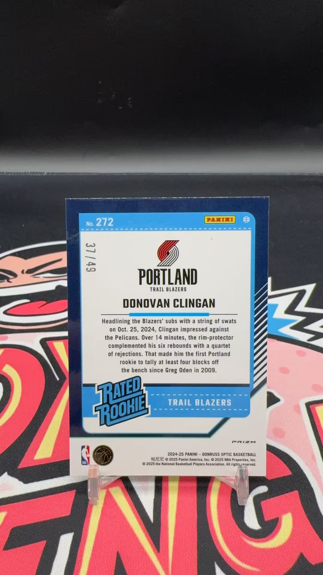 【玩具坑】2024-25 Panini Optic Donovan Clingan RC 开拓者 新秀 多诺万 克林根 49编 蓝折 折射