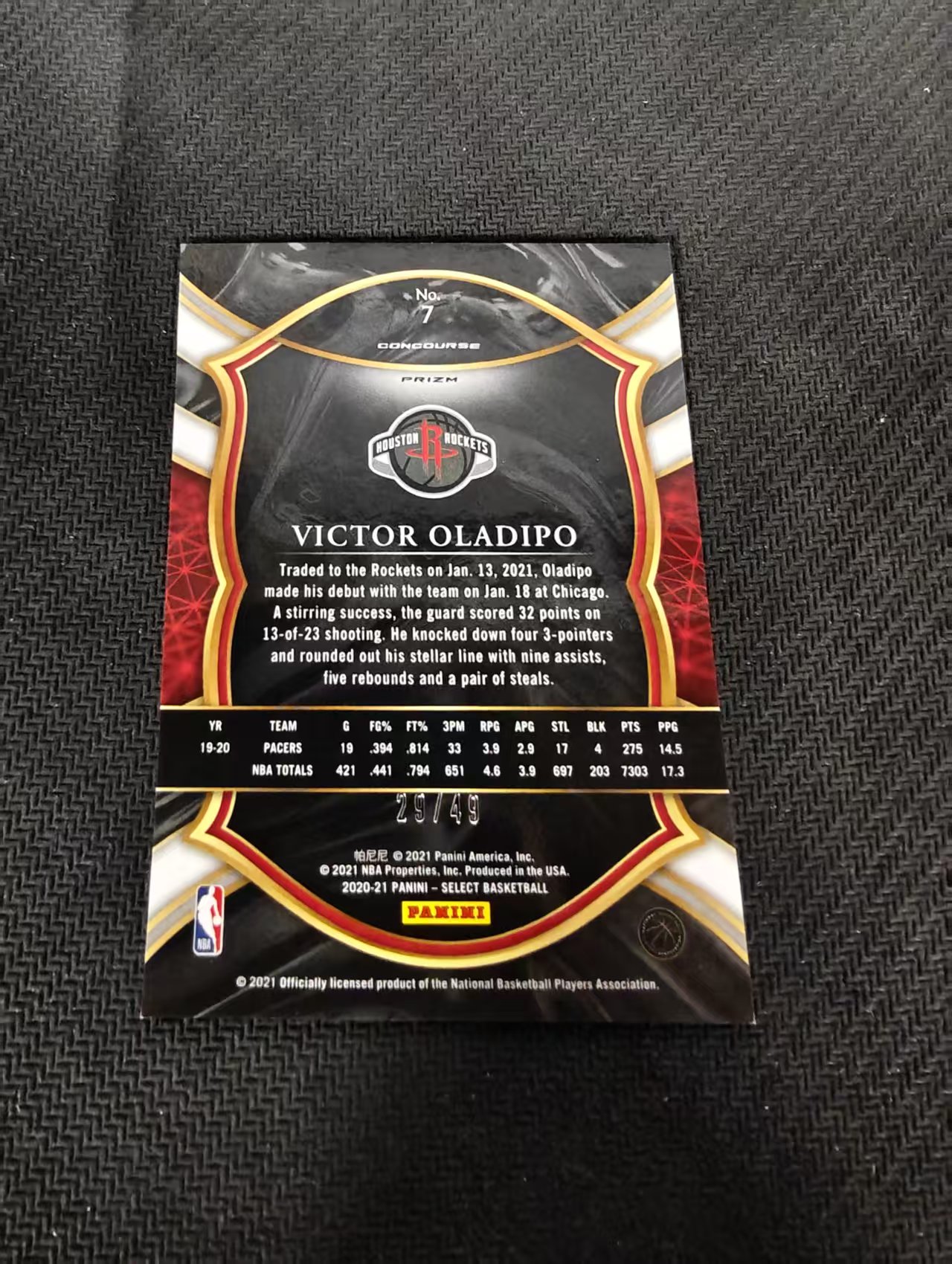 【汽水拍卖】2020-21 Panini Select Victor Oladipo 奥拉迪波 火箭 泡泡折 49编 边角微瑕