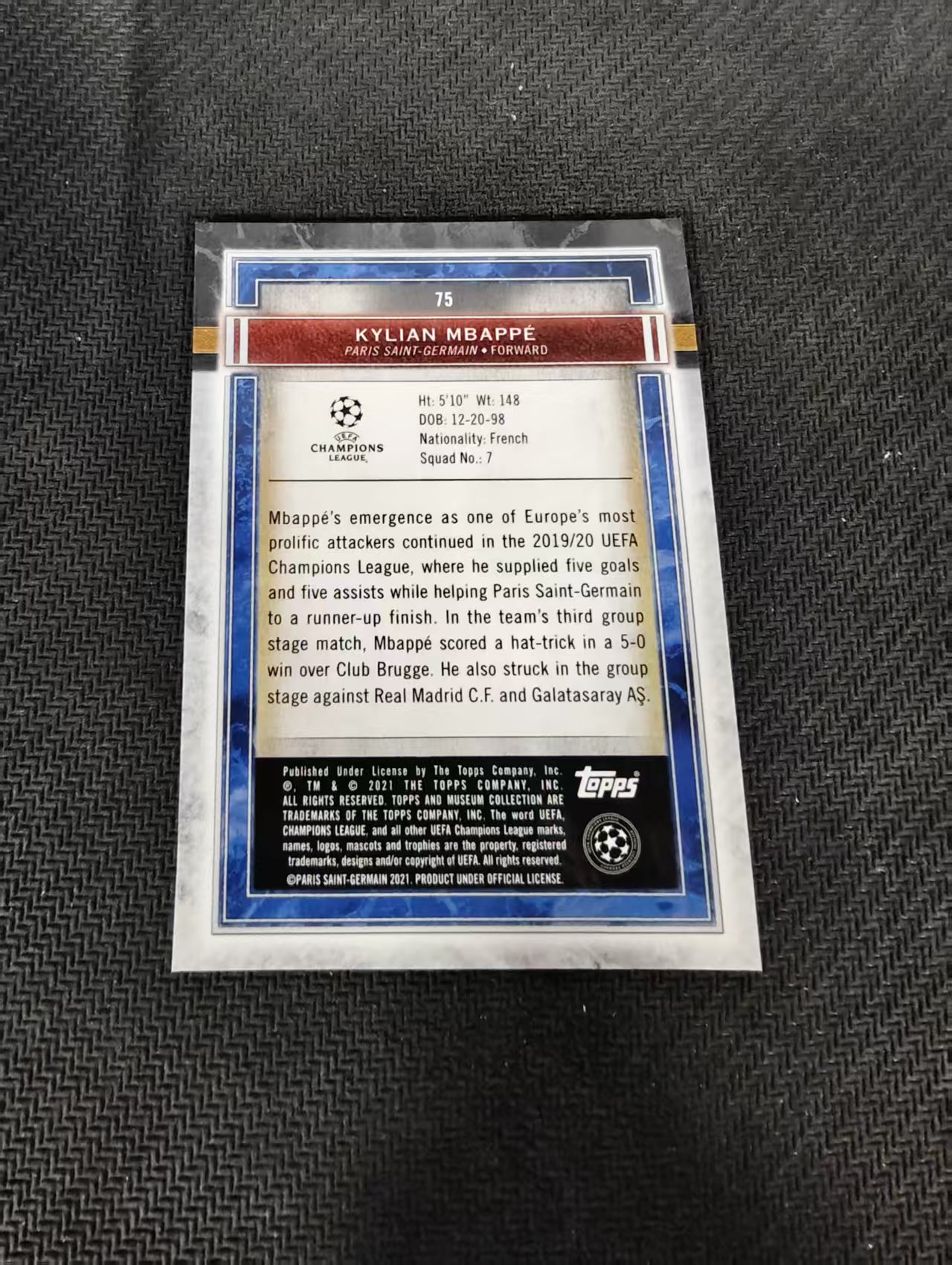 【可合并,不累计】2021 Topps Maximum Kylian Mbappe 博物馆 姆巴佩 巴黎 皇马 欧冠 边角瑕疵