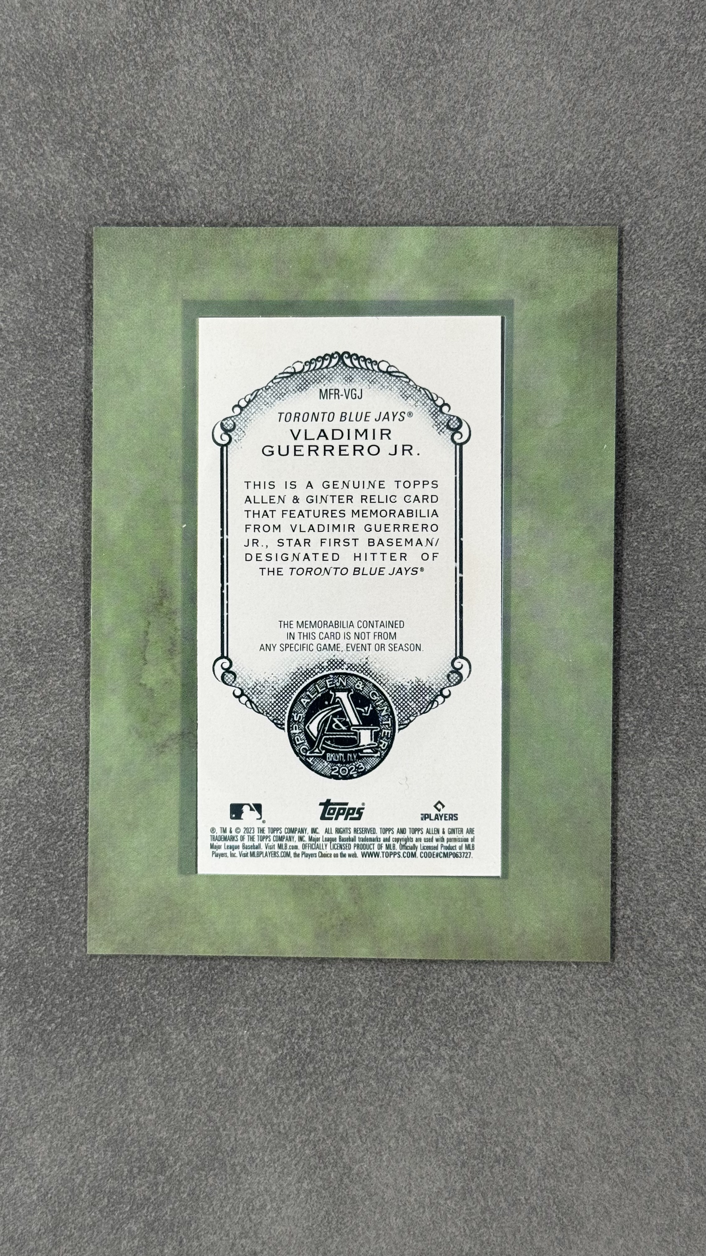 2023 Topps Allen & Ginter Vladimir Guerrero Jr. 蓝鸟队 弗拉基米尔・格雷罗二世 联盟超巨 季后赛最强打击 game-used 球棒切割 #MFR-VGJ