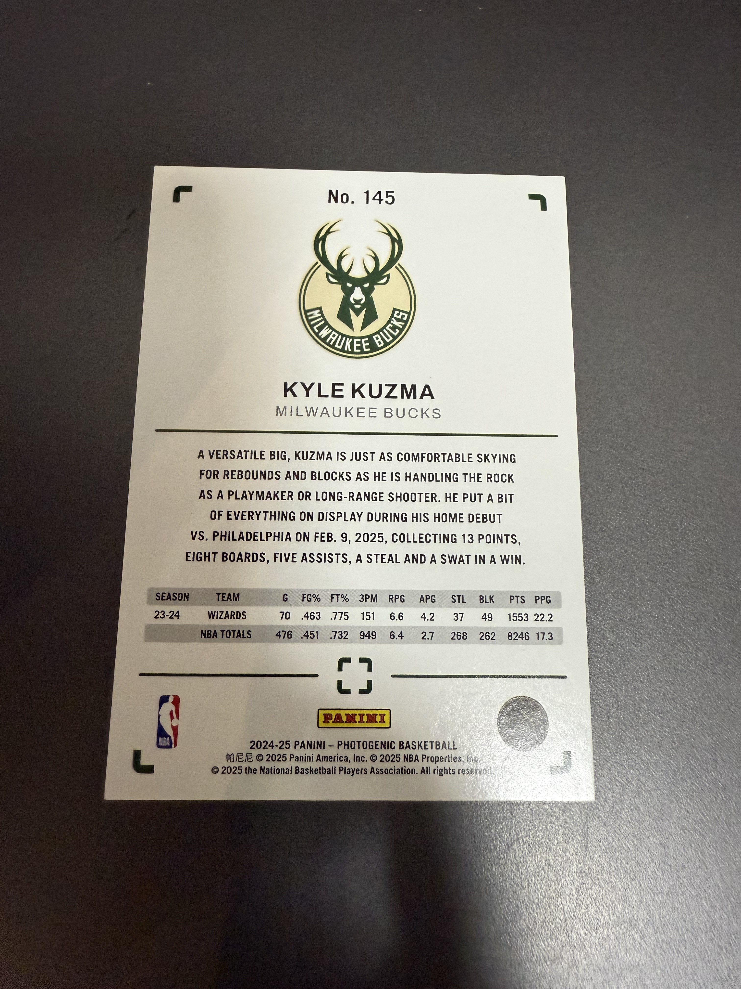 2024-25 Panini PaniniPhotoGenicNBA Kyle Kuzma 凯尔 库兹马 上镜 折射 65编 雄鹿队 什