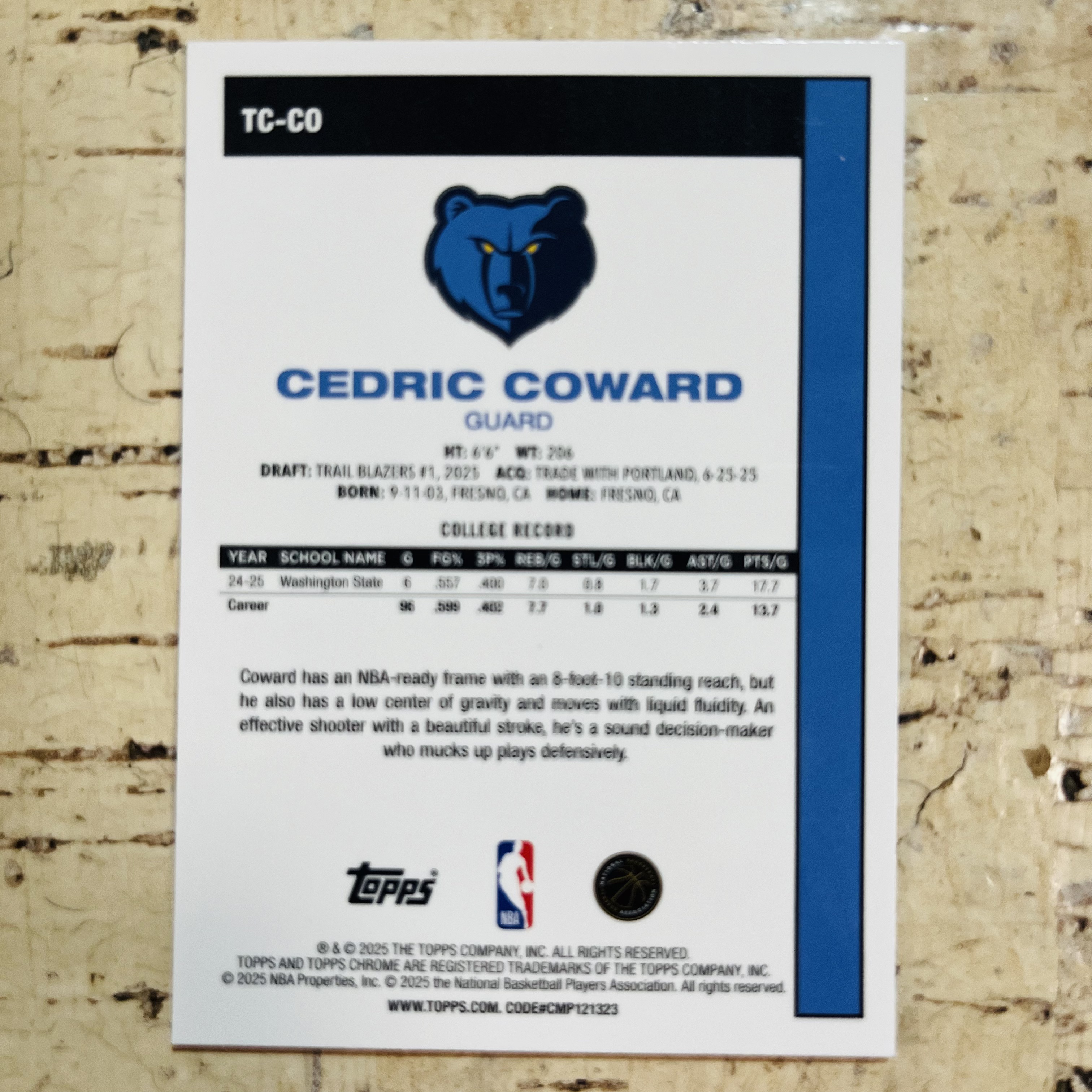 2025-26 Topps Flagship Cedric Coward RC 新秀 灰熊 塞德里克 考沃德 银迷宫折 mojo折 第5张 45周年 chrome 复古特卡【小卡迷拍卖 可累积半年】