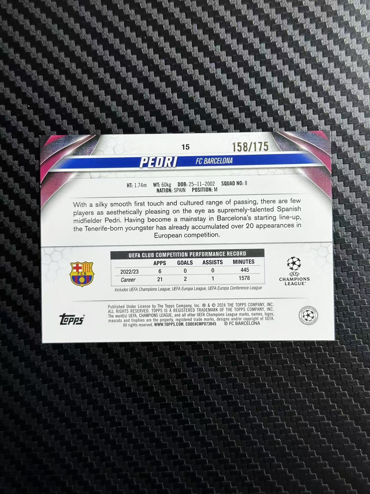 2024 Topps ucc Pedri 欧战 龙年碧玉 巴塞罗那 佩德里 蓝玉折 158/175编 卡品如图 拍前看描述