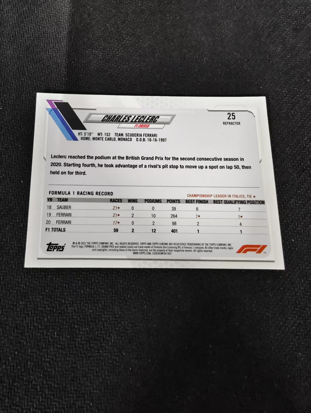 2021 Topps Chrome Charles Leclerc F1 法拉利 勒克莱尔 银折 划痕 边角瑕疵 #25