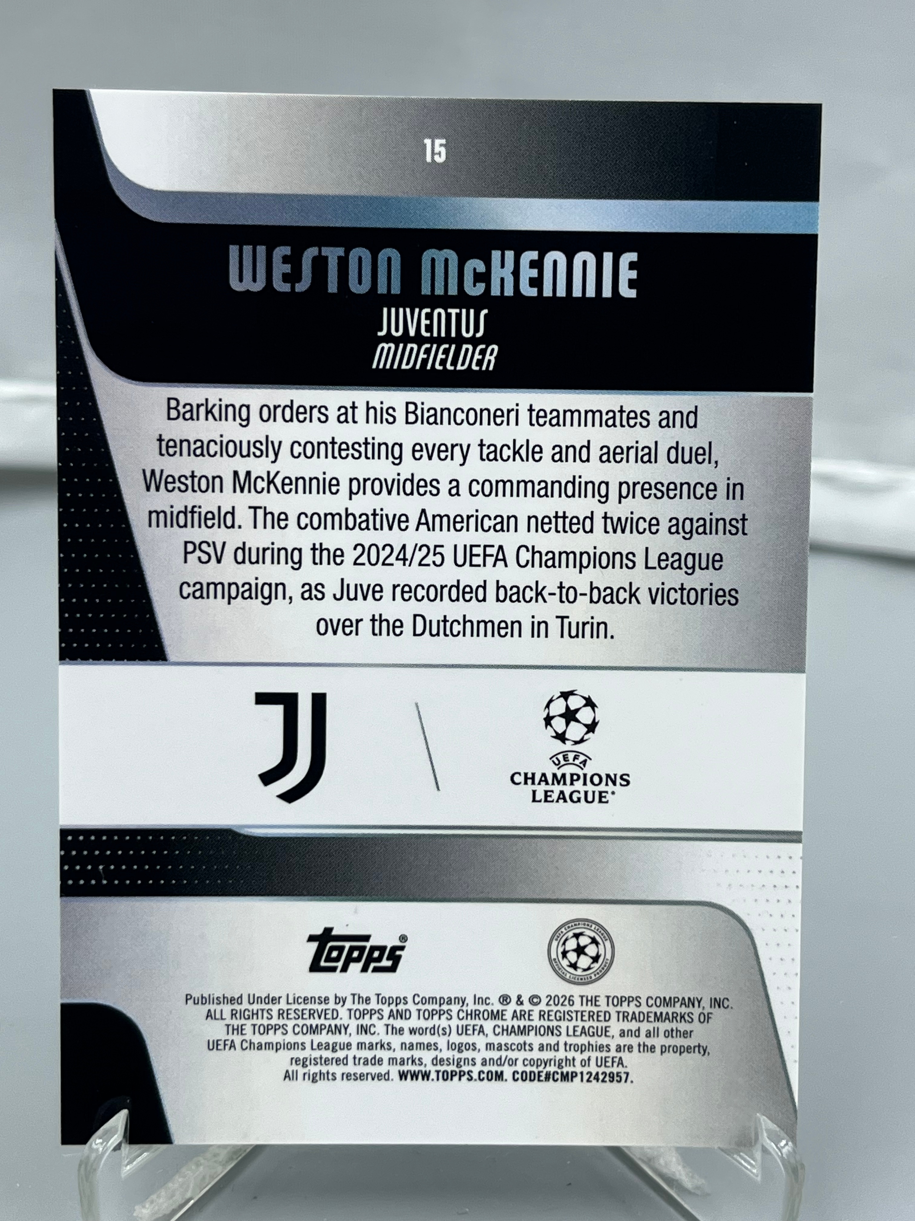 2026 Topps Chrome Weston McKennie 欧冠欧战TC 麦肯尼 163/299编 尤文图斯 正青折 折射 瑕疵如图【暴富 仇总】y386