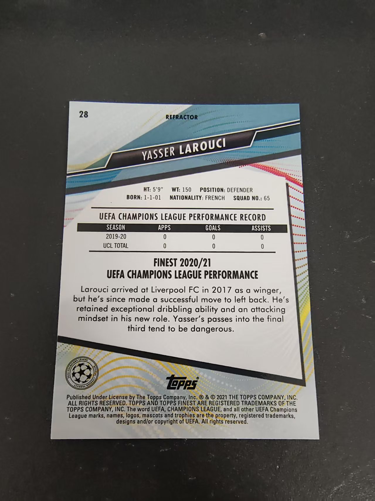 【可合并,不累计】2021 Topps Finest Yasser Larouci 亚西尔拉鲁西 利物浦 RC 新秀 欧冠 银折 #28
