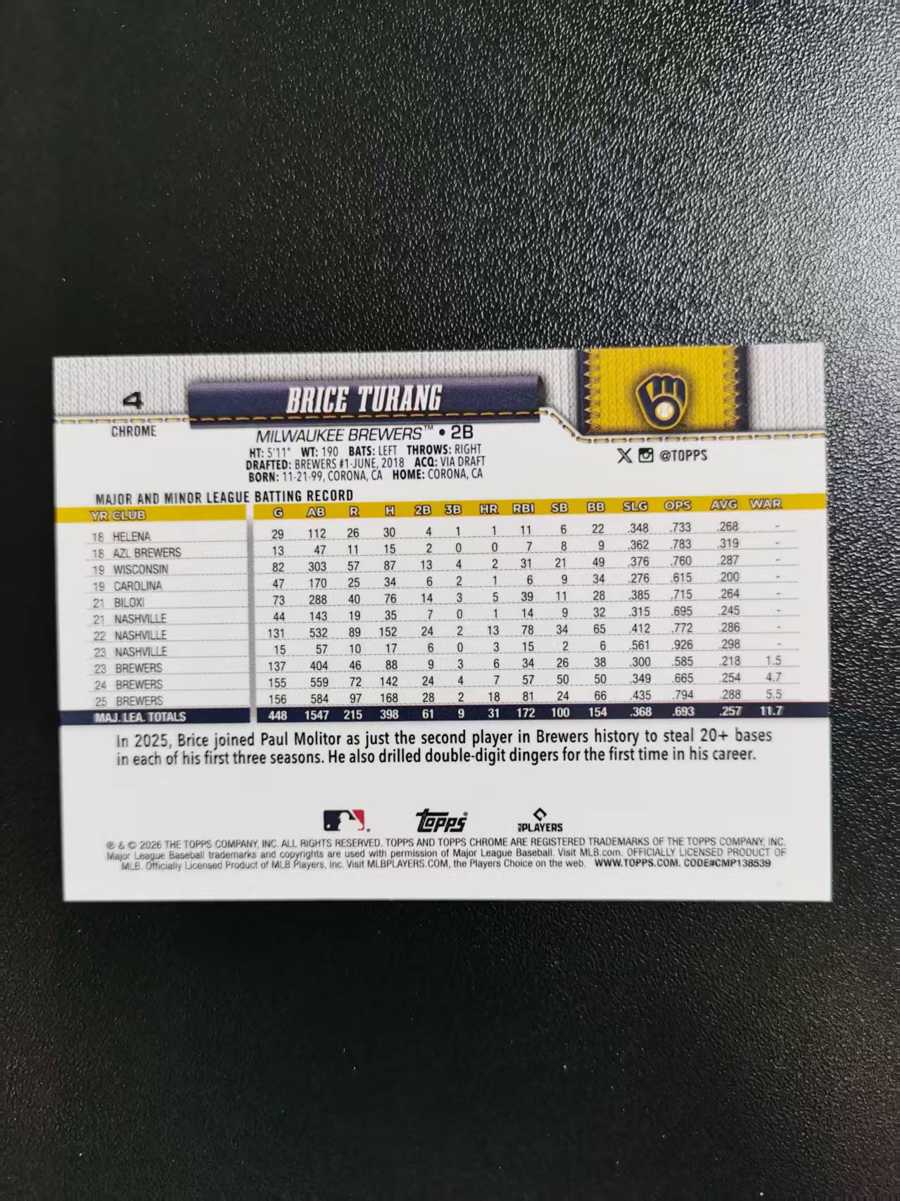 2026 Topps Chrome Brice Turang 布里斯图兰格 TC棒球 MLB 折射 收藏凑套 卡品如图 免费代拍CC23