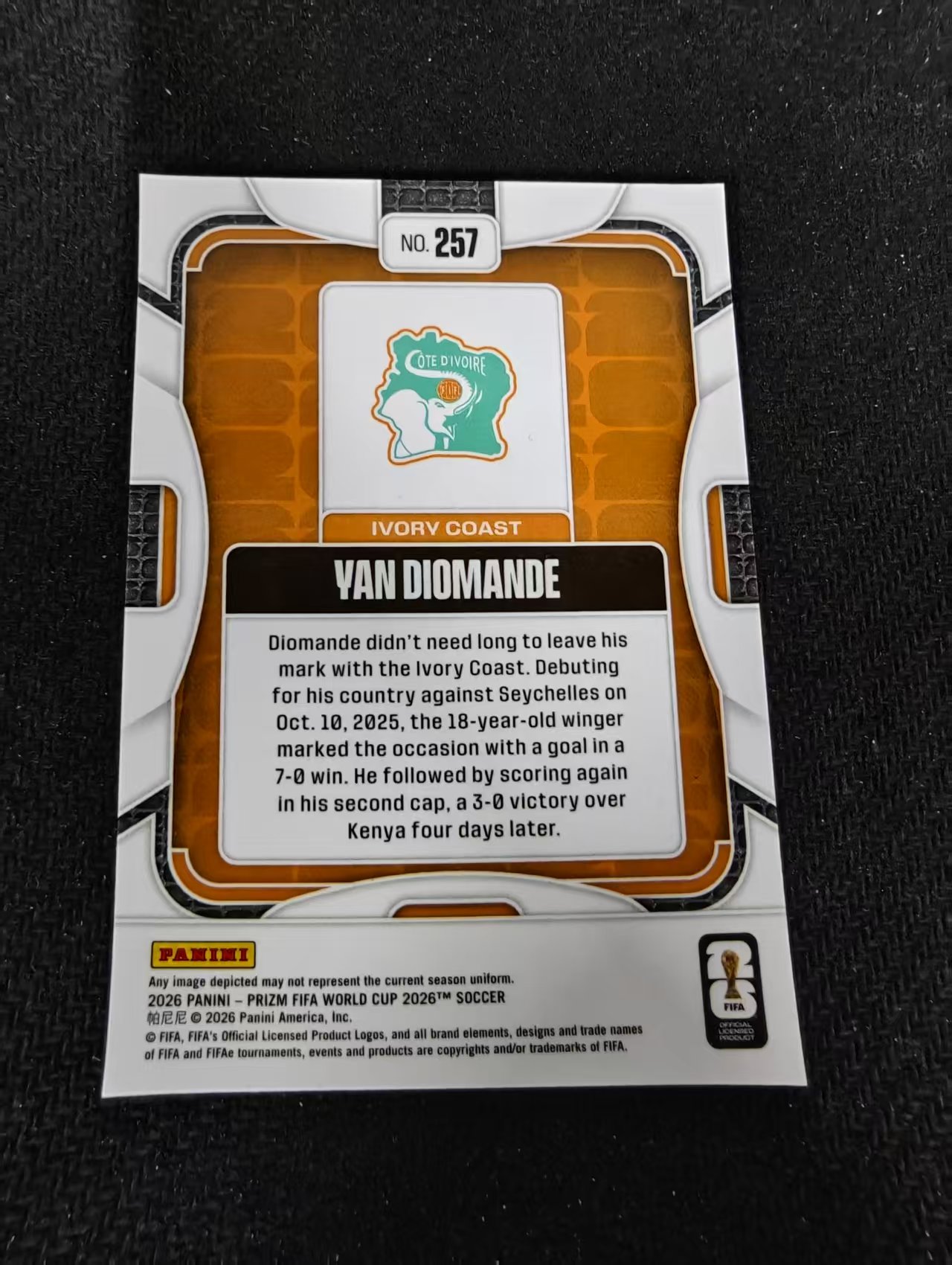 2026 Panini World Cup Prizm Yan Diomande RC 新秀 世界杯 科特迪瓦 扬 迪奥曼德 PZ世界杯 划痕 边角瑕疵#257