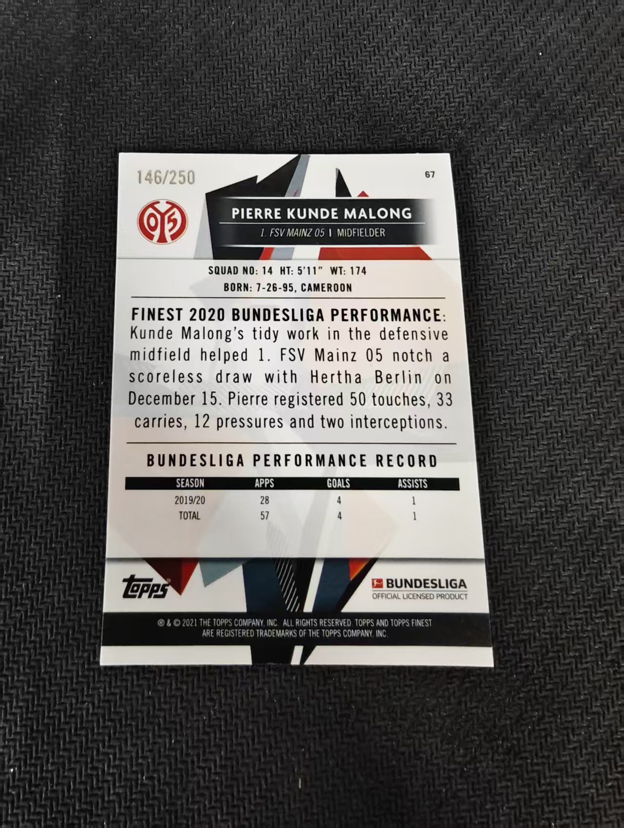 【可合并,不累计】2021 Panini Finest Pierre Kunde Malong 德甲 孔德 马隆 美因茨 紫折 250编 瑕疵如图