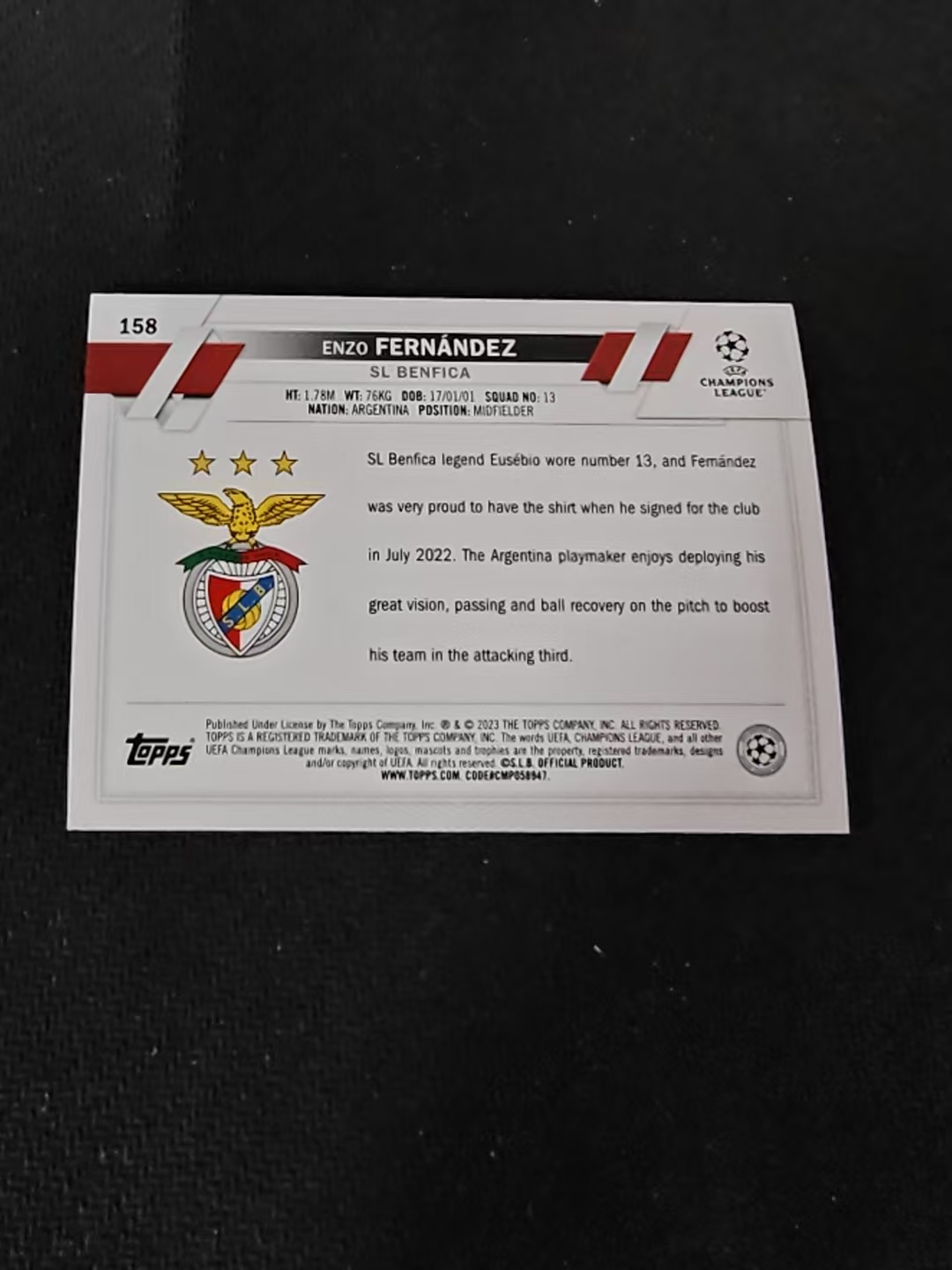 【可合并,不累计】2023 Topps Chrome Enzo Fernandez RC 恩佐 费尔南德斯 新秀 碧玉折 欧冠 划痕 边角瑕疵 #158
