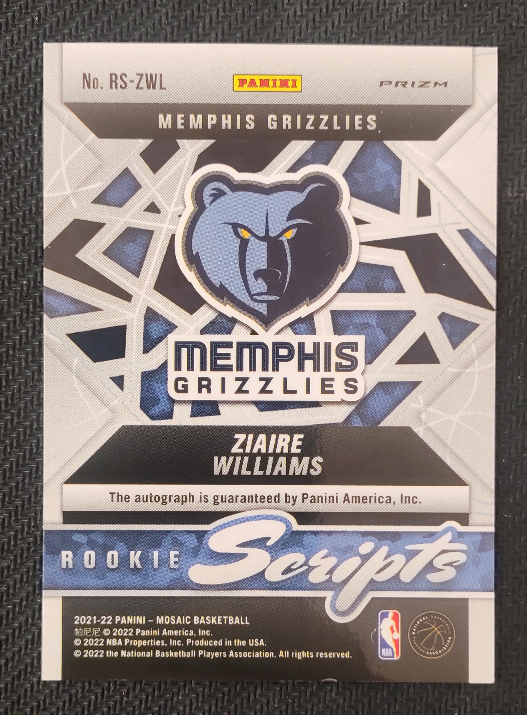 2021-22 Panini Mosaic Ziaire Williams RC 宰伊尔 扎伊尔 威廉姆斯 扎威 灰熊 新秀 马赛克 红波纹 折射 签字 贴签 瑕疵如图