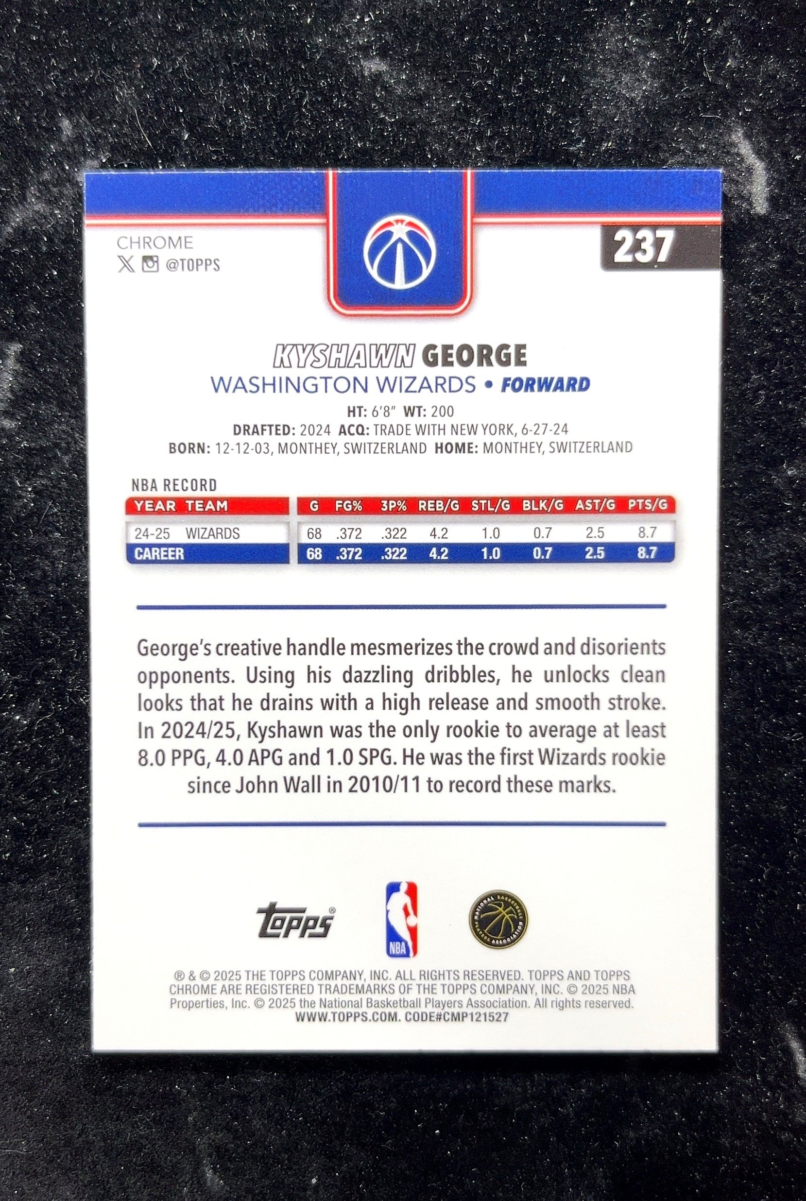 【小白1%代卖】2025 Topps Chrome Kyshawn George 凯肖恩·乔治 球皮折 折射 新秀 RC 卡品如图 高价值 #237 Washington Wizards 0702