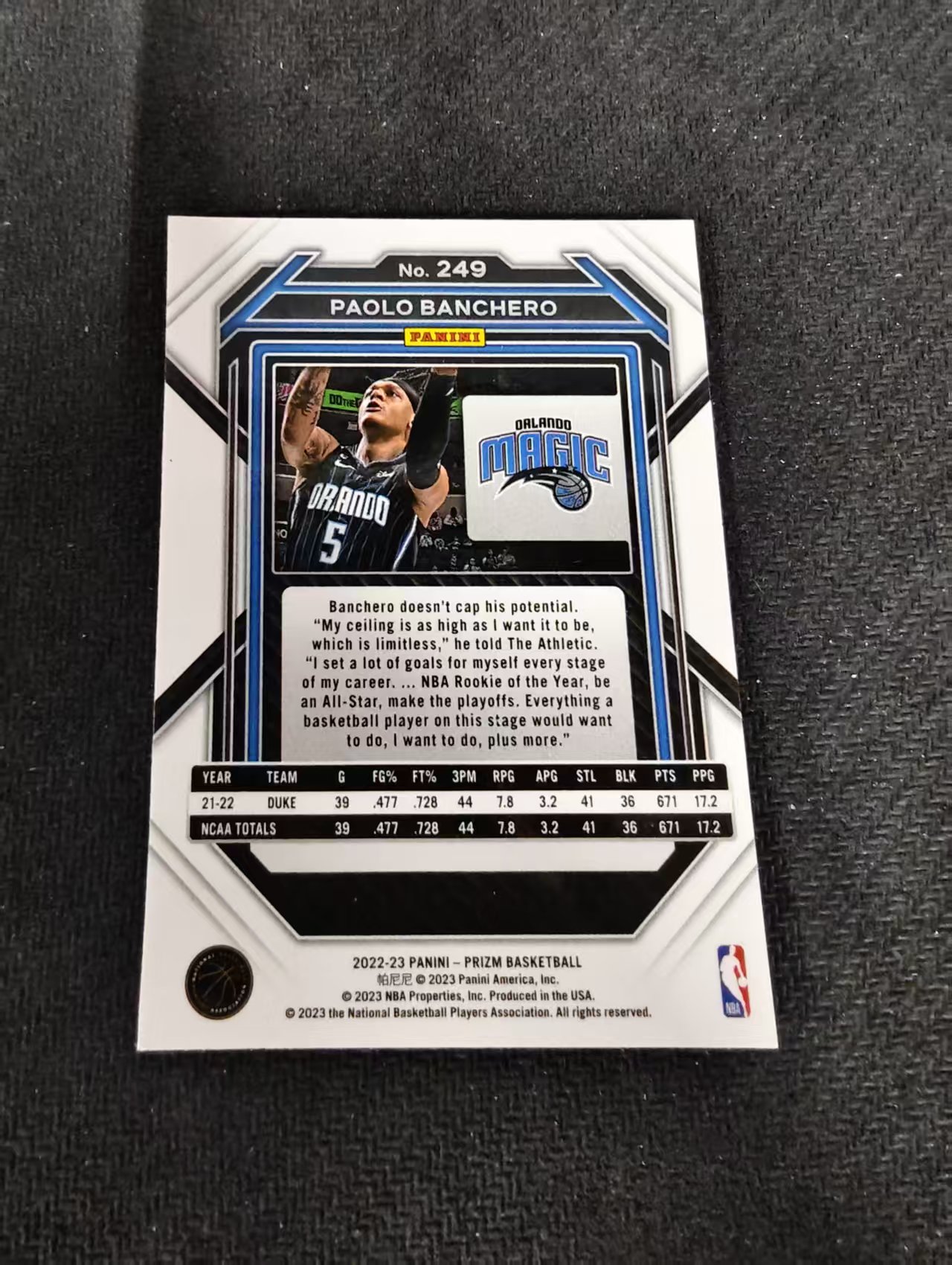【可合并,不累计】2022-23 panini prizm paolo banchero 魔术 保罗 班凯罗 班切罗 新秀RC PZ 不保卡品 介意勿拍 #249