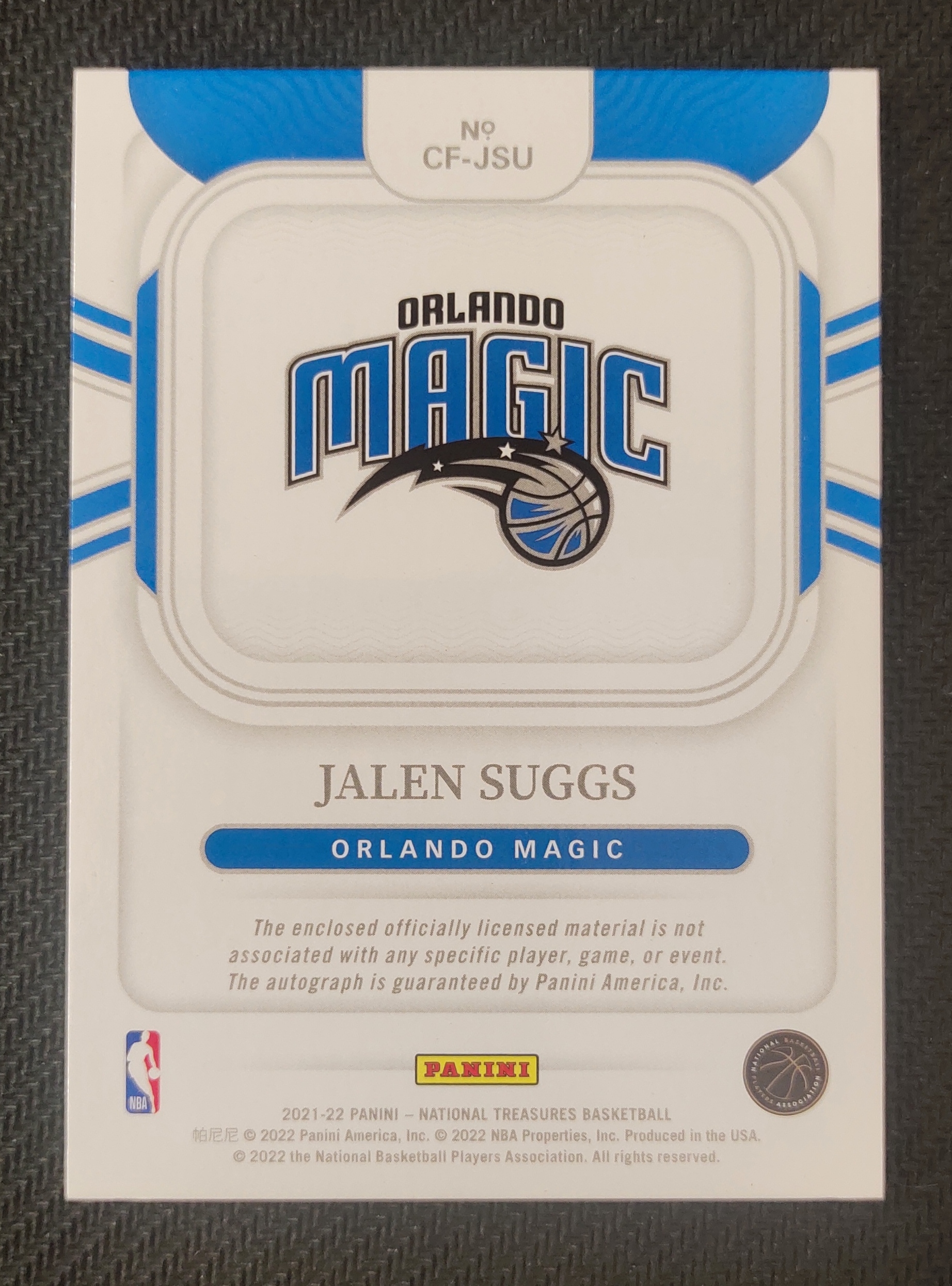 2021-22 Panini National Treasures Jalen Suggs 杰伦 萨格斯 魔术 新秀 国宝 RPA 签字 卡签 patch 亲穿球衣 物料 49编 瑕疵如图