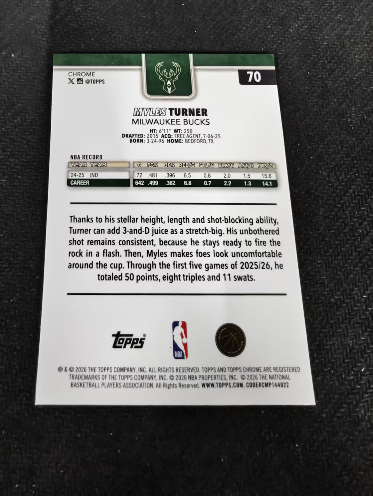 2026 Topps Chrome Update Myles Turner 迈尔斯 特纳 雄鹿 TCU 划痕 边角瑕疵 #70