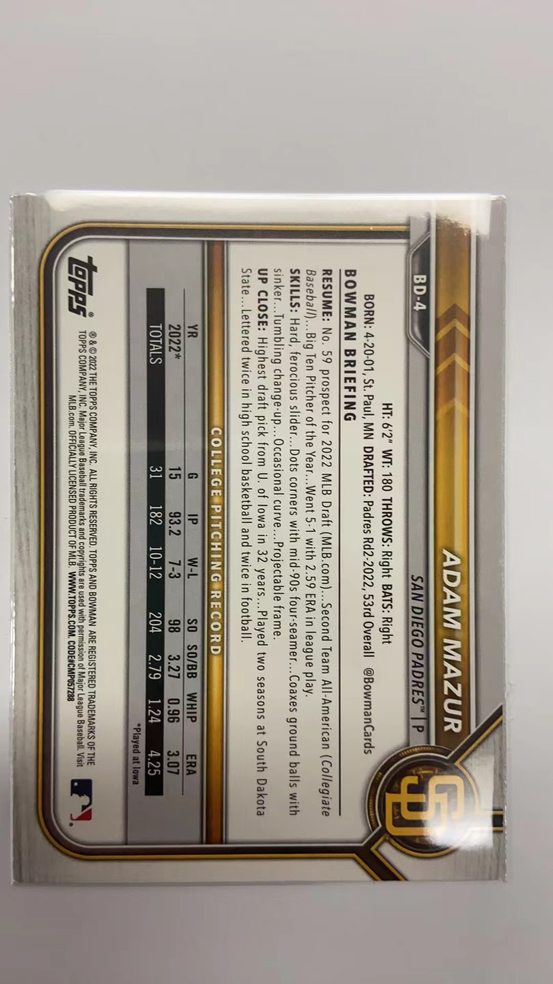 2022 Topps Bowman Chrome ADAM MAZUR 卡片如图 收藏必备 凑套必备