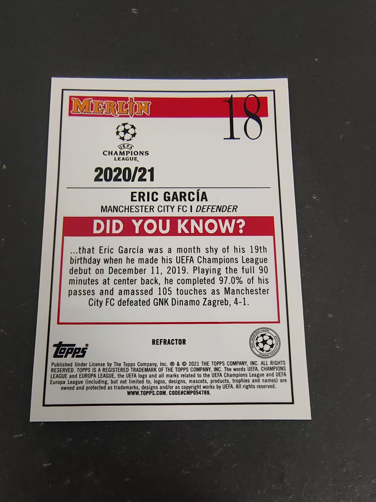 【可合并,不累计】2021 Topps Merlin eric garcia RC 欧冠 梅林 曼城 埃里克 加西亚 新秀 rc 银折 划痕 #18