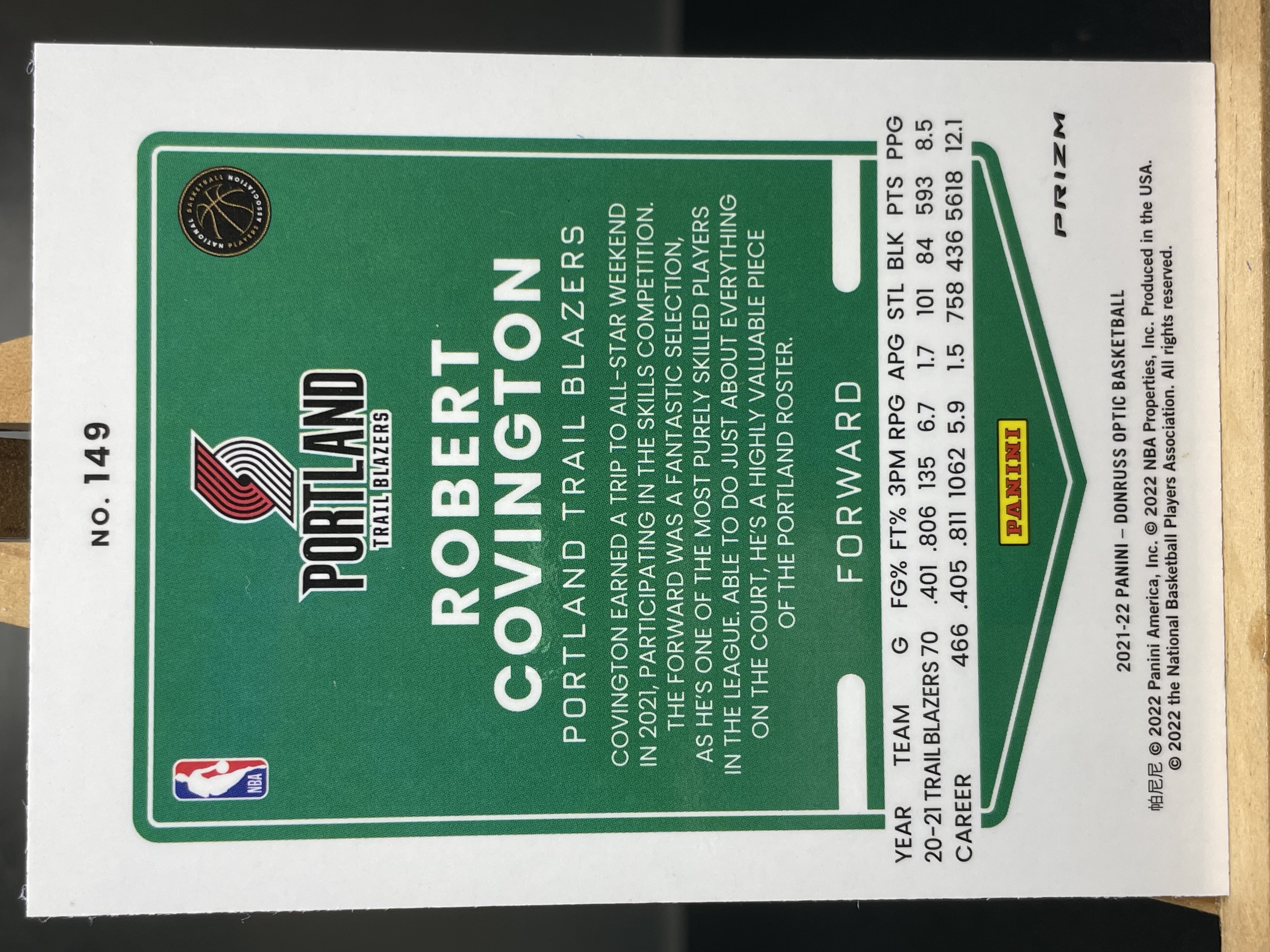 (B5) 2021-22 PANINI OPTIC 折射 罗伯特 科温顿 开拓者 近期大热球星 收藏凑套必备 卡品如图 !!!