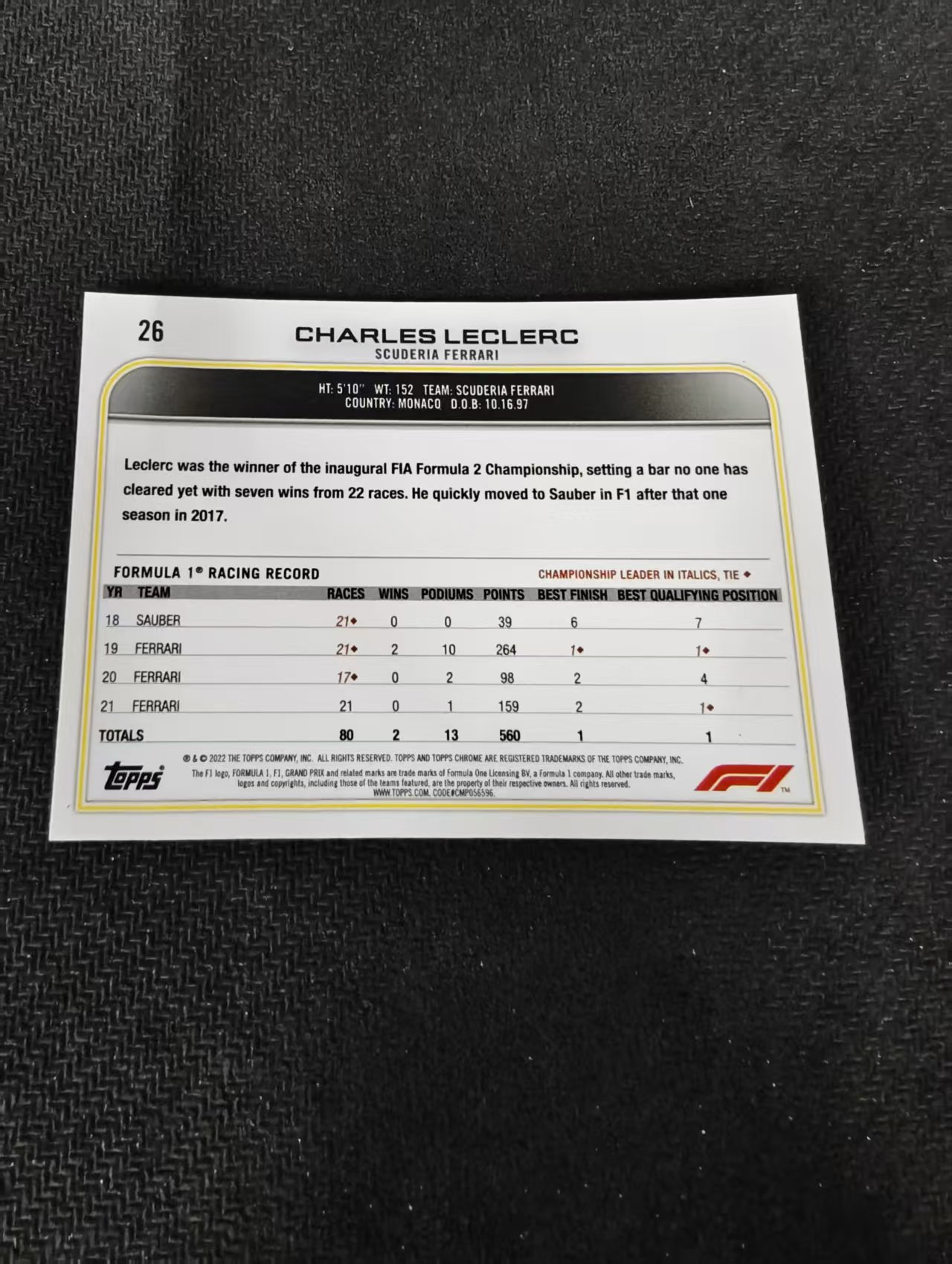 2022 Topps Chrome F1 Charles Leclerc 勒克莱尔 法拉利车队 划痕 边角瑕疵#26